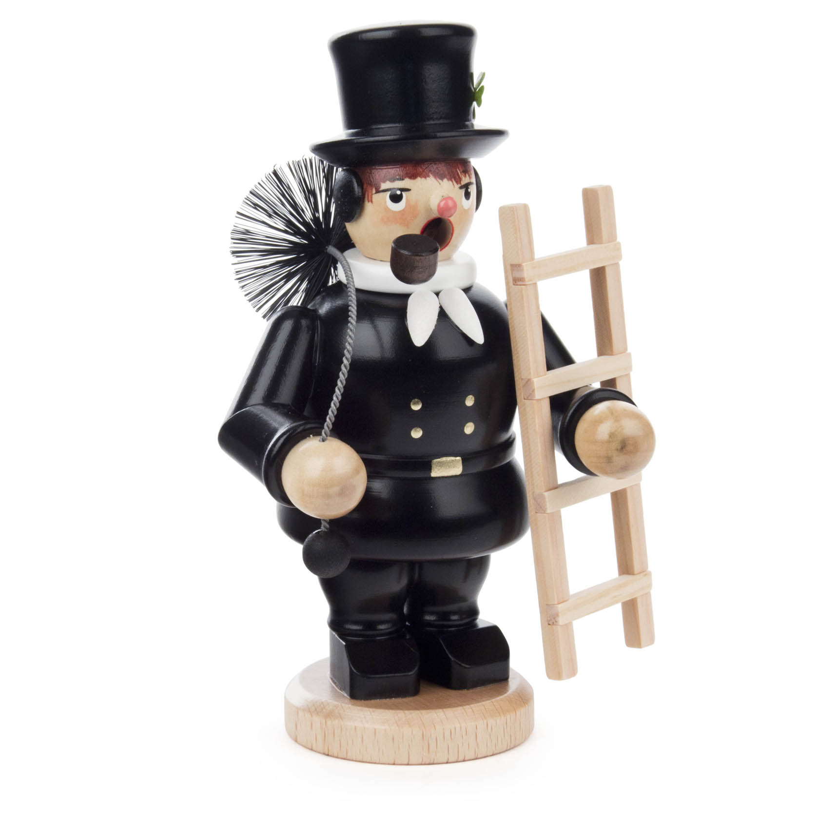 Ein Mini-Räuchermann in Form eines Schornsteinfegers mit schwarzer Kleidung, Zylinder, Besen und Leiter, aus Holz gefertigt.
