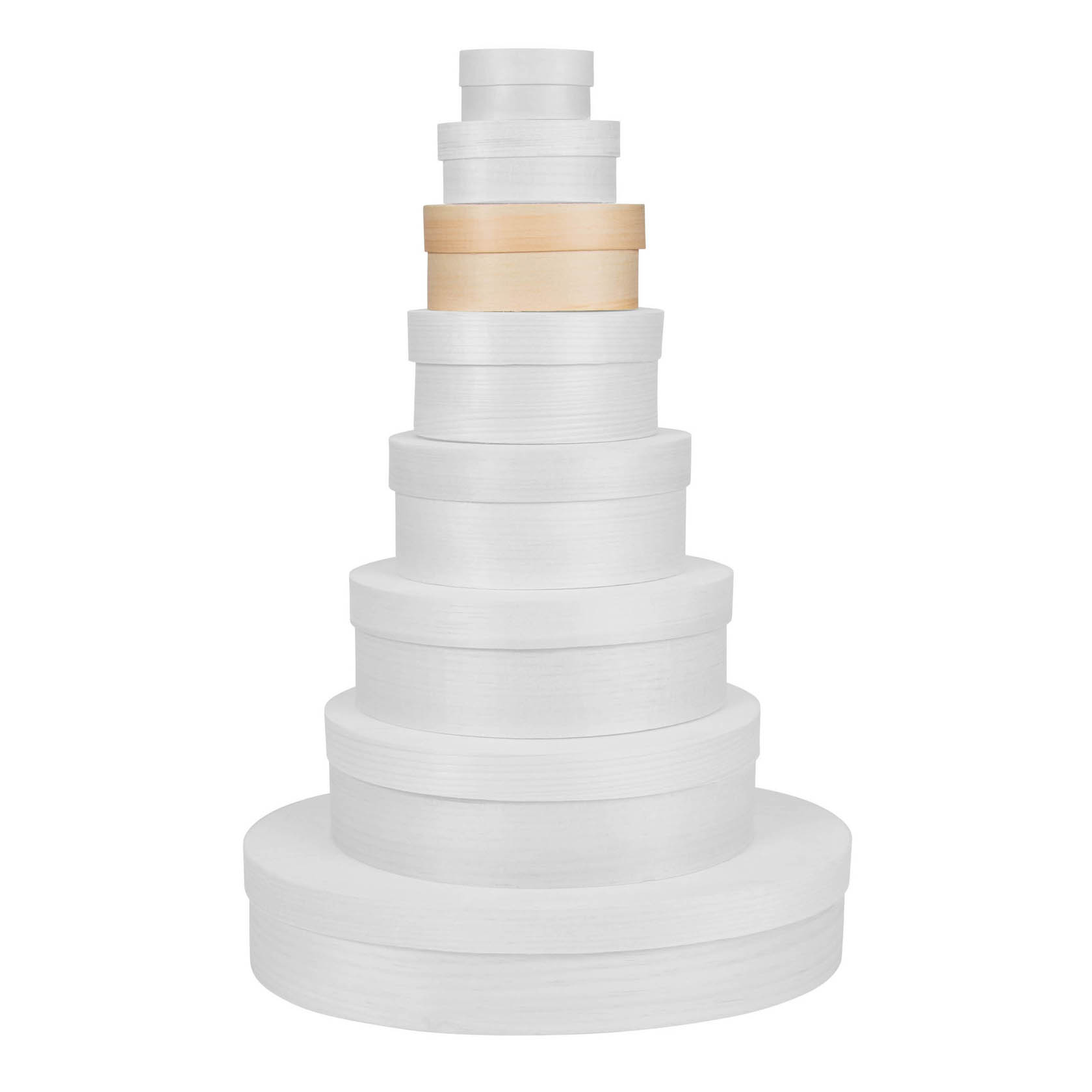 A set of nested oval wooden boxes, stacking from largest to smallest with one box in natural wood color and others in white.