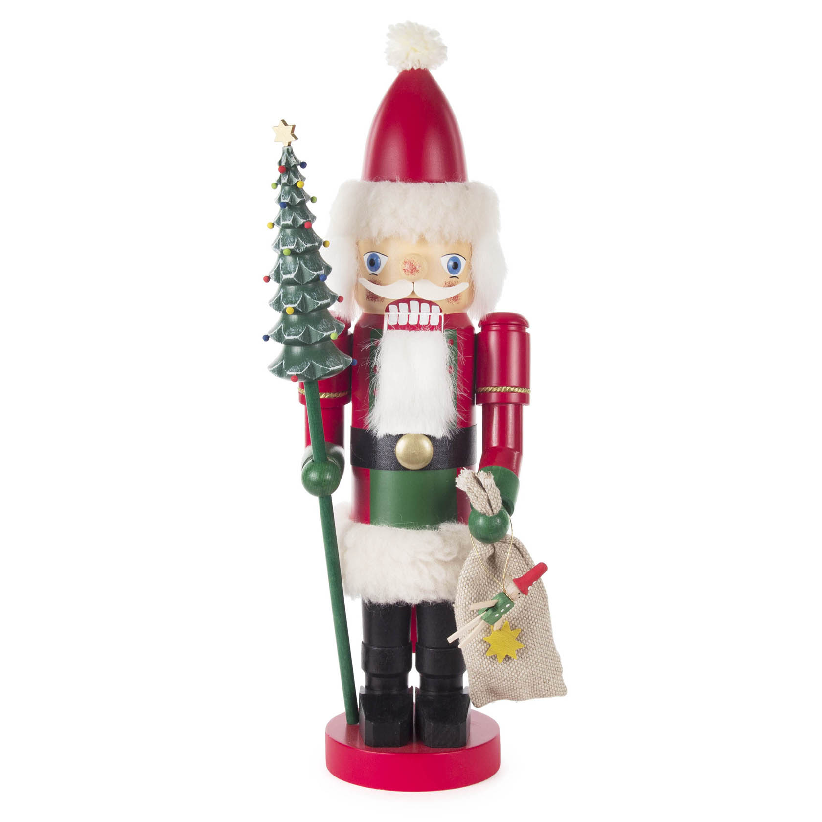 Ein Nussknacker in Form eines Weihnachtsmannes, der ein grünes Tannenbaum-Zepter hält und einen beigen Sack mit Stern hält. Er trägt ein rotes und weißes Kostüm. im Dregeno Online Shop günstig kaufen