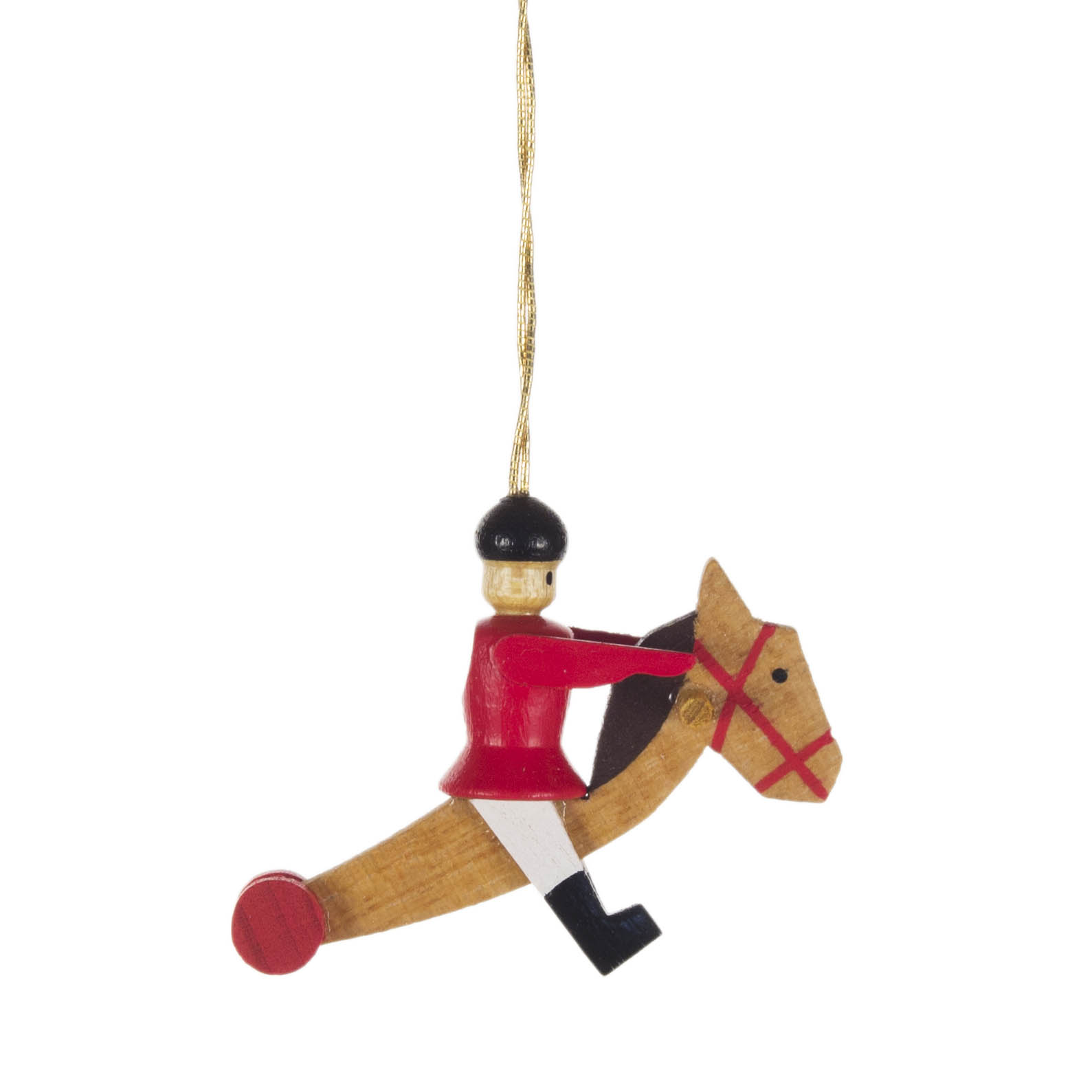 Holzfigur eines Reiters in roter Jacke auf einem Steckenpferd, als Anhänger mit goldener Schnur. im Dregeno Online Shop günstig kaufen