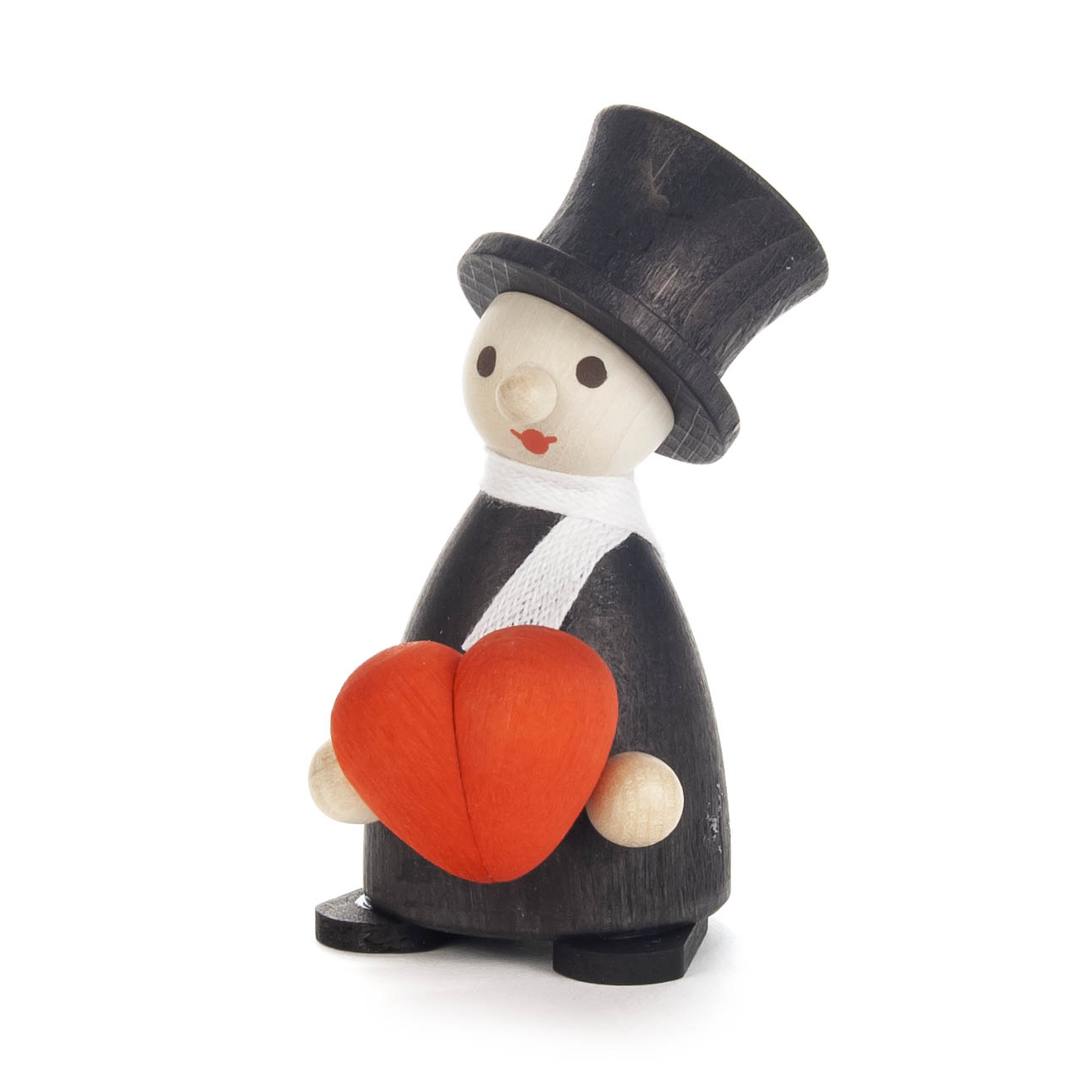 Holzfigur eines Schornsteinfegers in schwarzem Anzug mit Zylinder, der ein rotes Herz in den Händen hält. im Dregeno Online Shop günstig kaufen