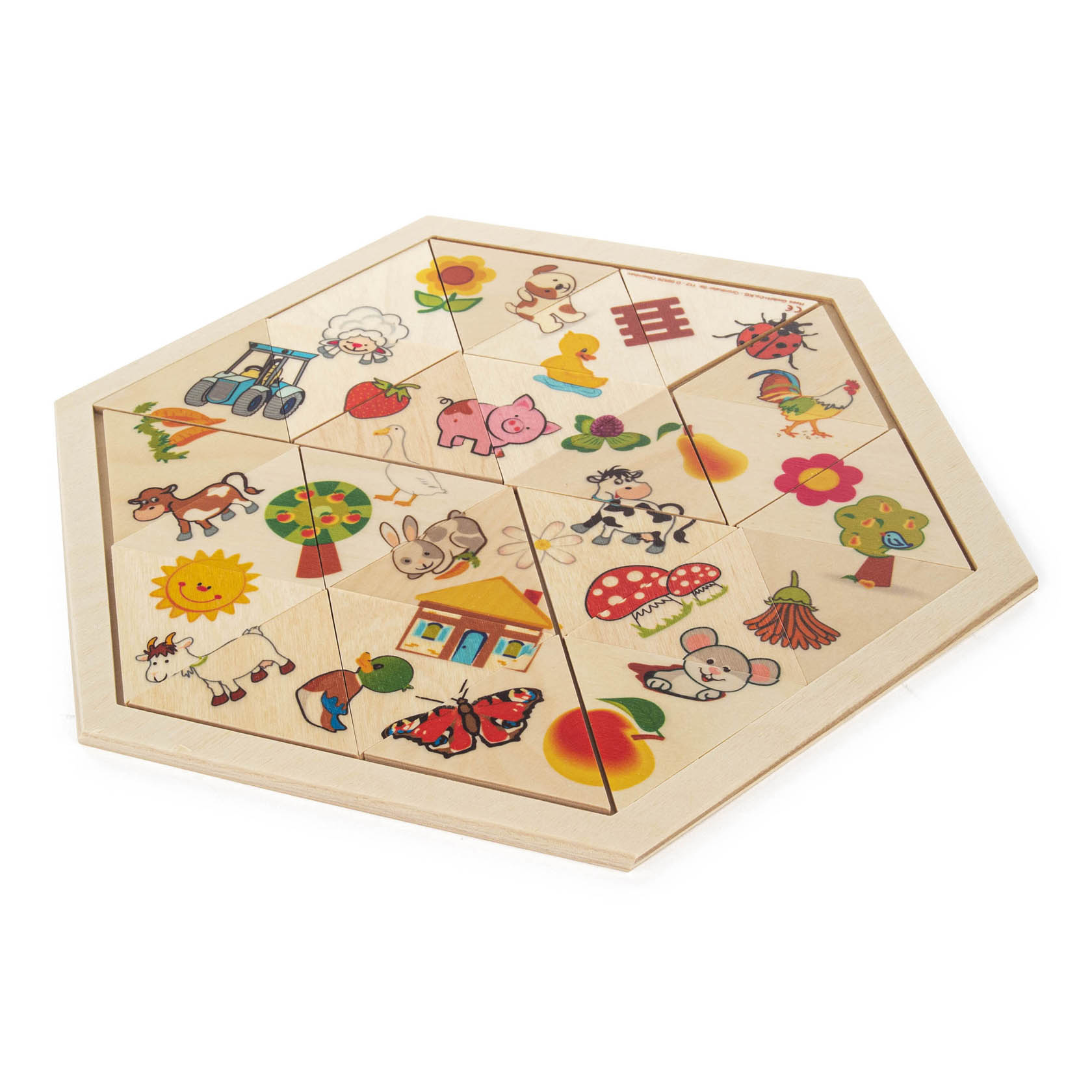 Holzpuzzle mit 24 Teilen, das verschiedene Bauernhofmotive zeigt, darunter Tiere wie Kühe, Schweine, Schafe, Traktoren und verschiedene Pflanzen. im Dregeno Online Shop günstig kaufen