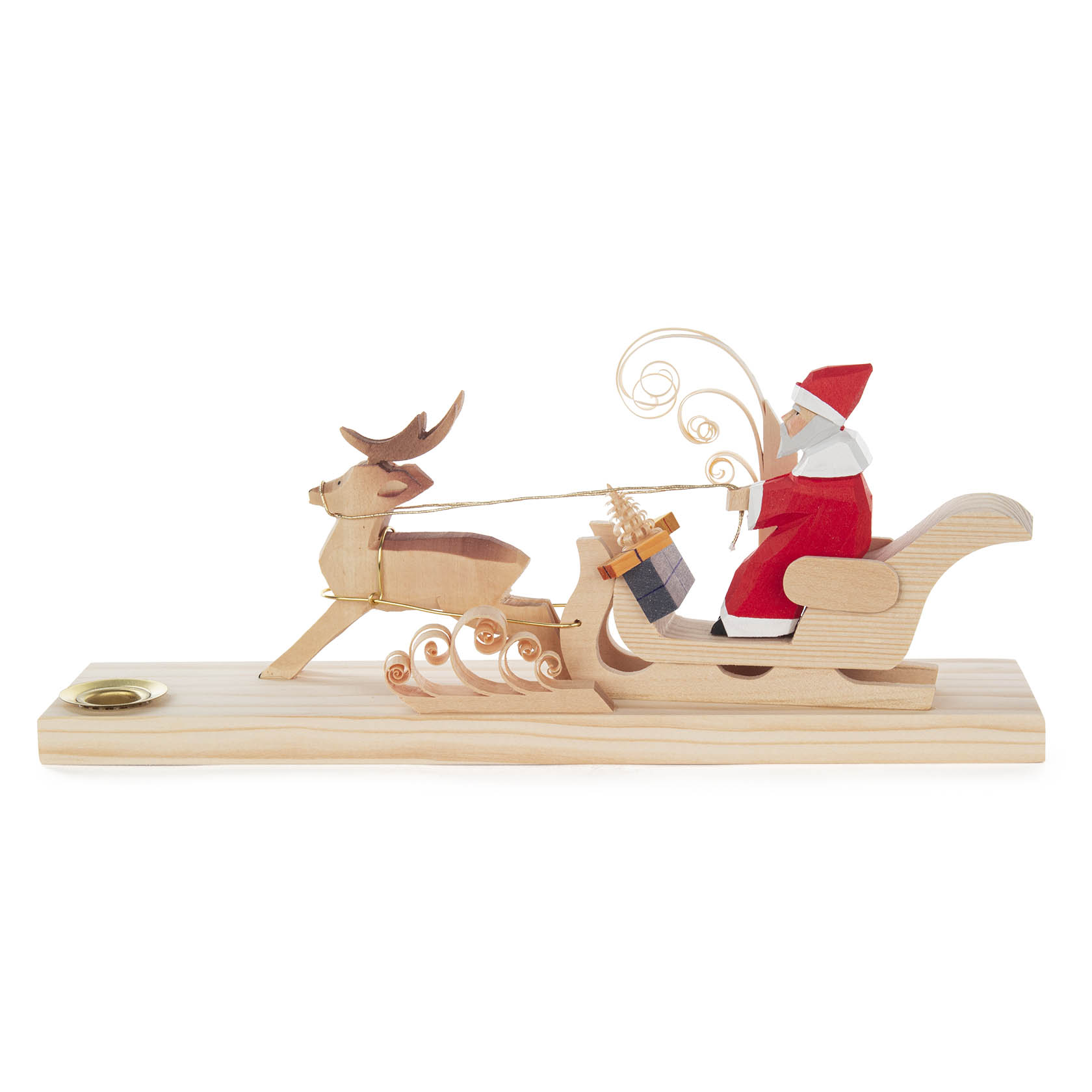 Holzfigur eines Weihnachtsmanns im Schlitten, gezogen von einem Hirsch, mit Platz für eine Kerze mit 14mm Durchmesser.