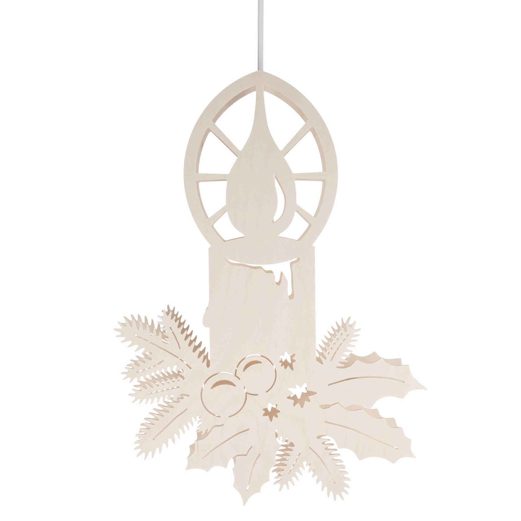 Holzfensterbild einer Kerze mit Zweigen, elektrisch beleuchtet. Die Kerze ist mit Berren und Blättern verziert, ideal als Weihnachtsdekoration. im Dregeno Online Shop günstig kaufen