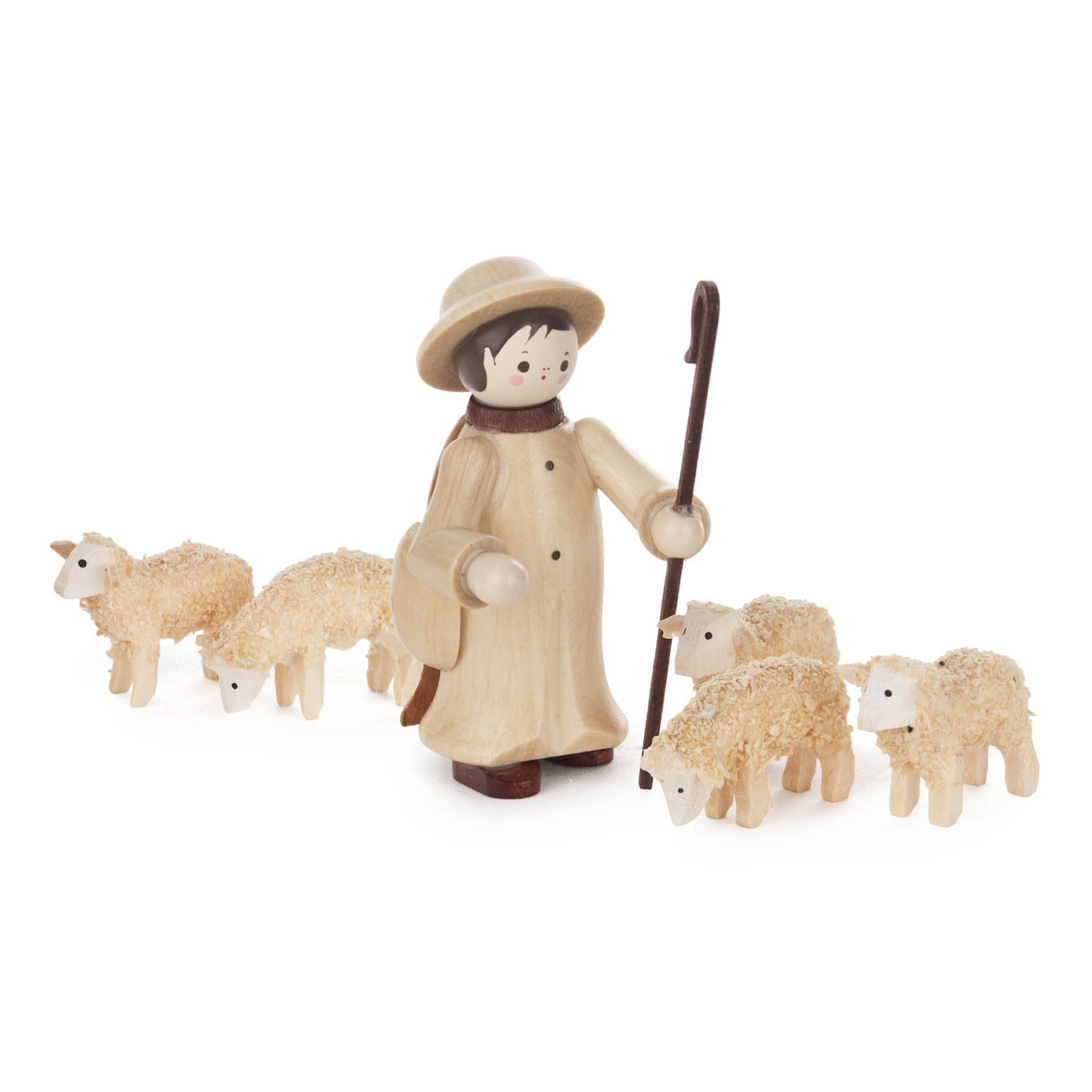 Eine Holzfigur eines Hirten mit einem Hirtenstab und fünf Holzschafen, in natürlicher Farbgebung gestaltet. im Dregeno Online Shop günstig kaufen