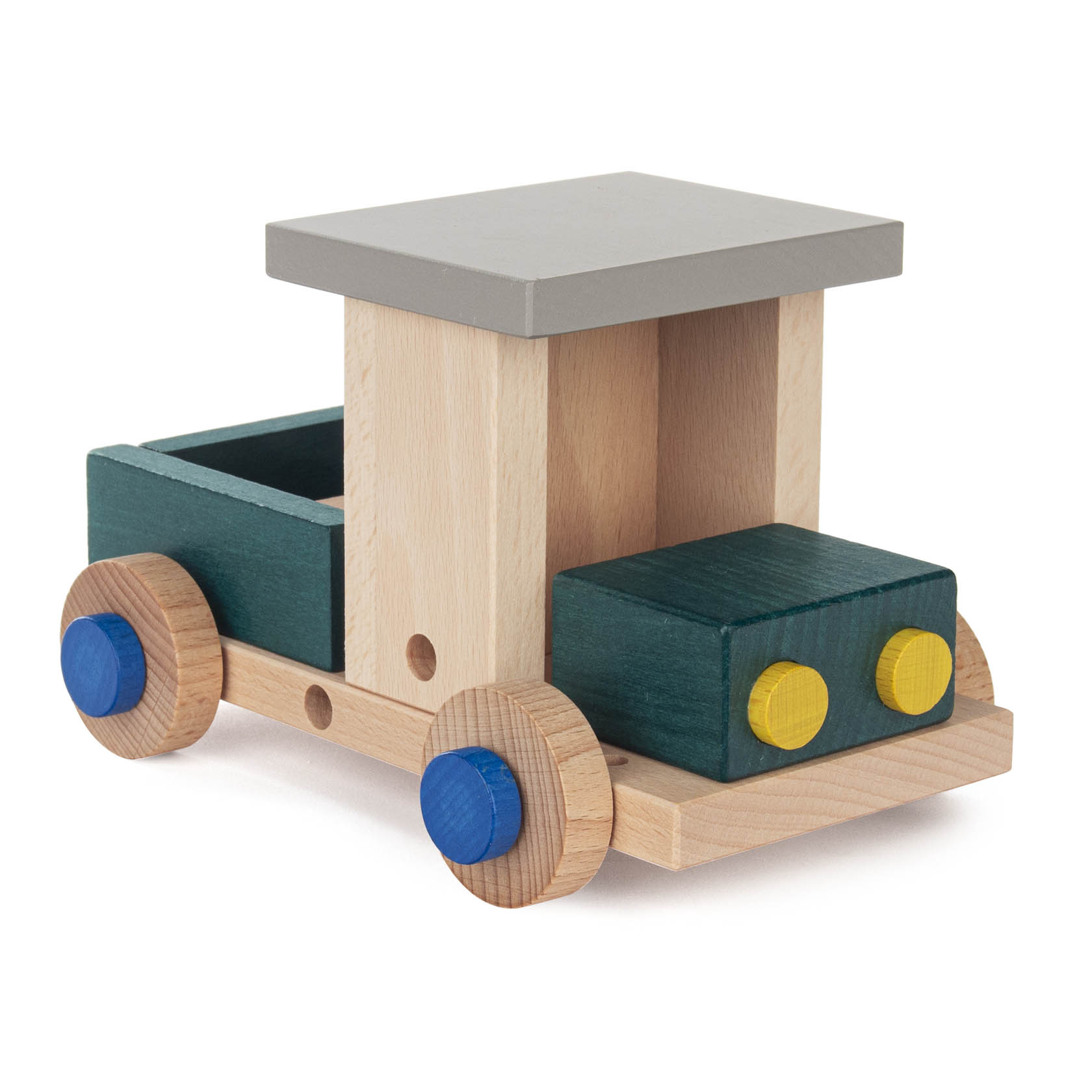 Ein aus Holz gefertigtes, bunt bemaltes Spielzeugauto mit blauen Rädern und einem offenen Ladebereich. Die Farben sind grün, blau, gelb und grau.