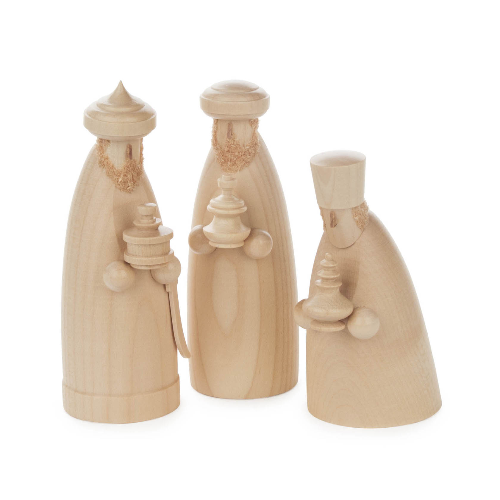 Drei geschnitzte Holzfiguren der Heiligen Drei Könige mit Bärten und Kronen, jede hält ein Geschenk in den Händen. im Dregeno Online Shop günstig kaufen