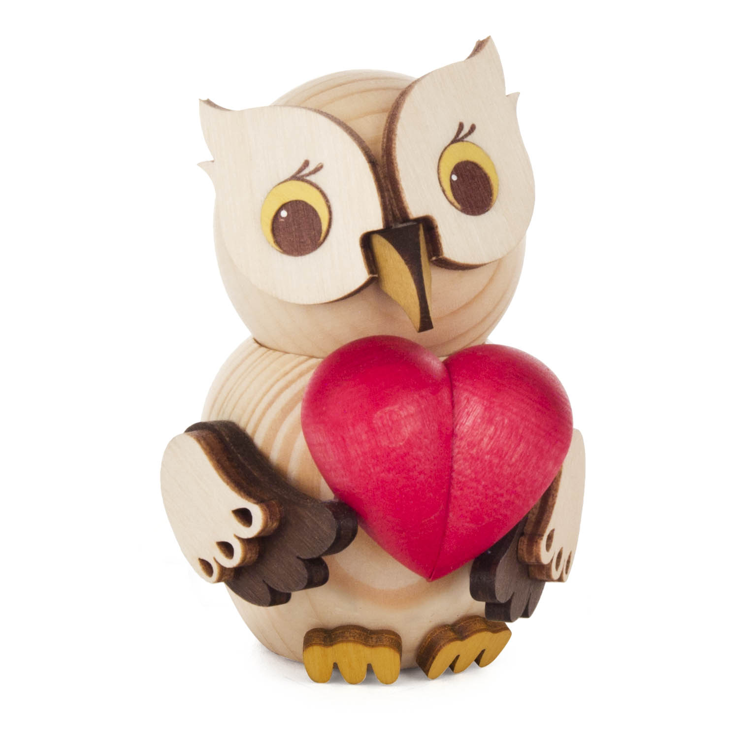Holzeule mit großen Augen und einem roten Herz in den Flügeln haltend. im Dregeno Online Shop günstig kaufen