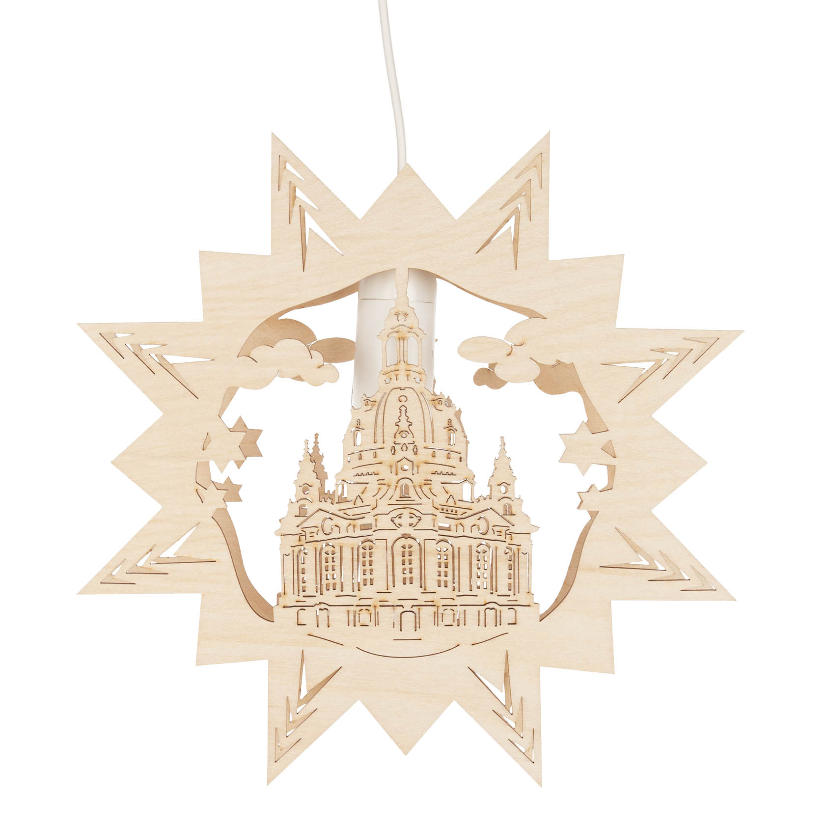 Fensterbild aus Holz zeigt die Frauenkirche mit elektrischer Beleuchtung in einem sternförmigen Rahmen. im Dregeno Online Shop günstig kaufen