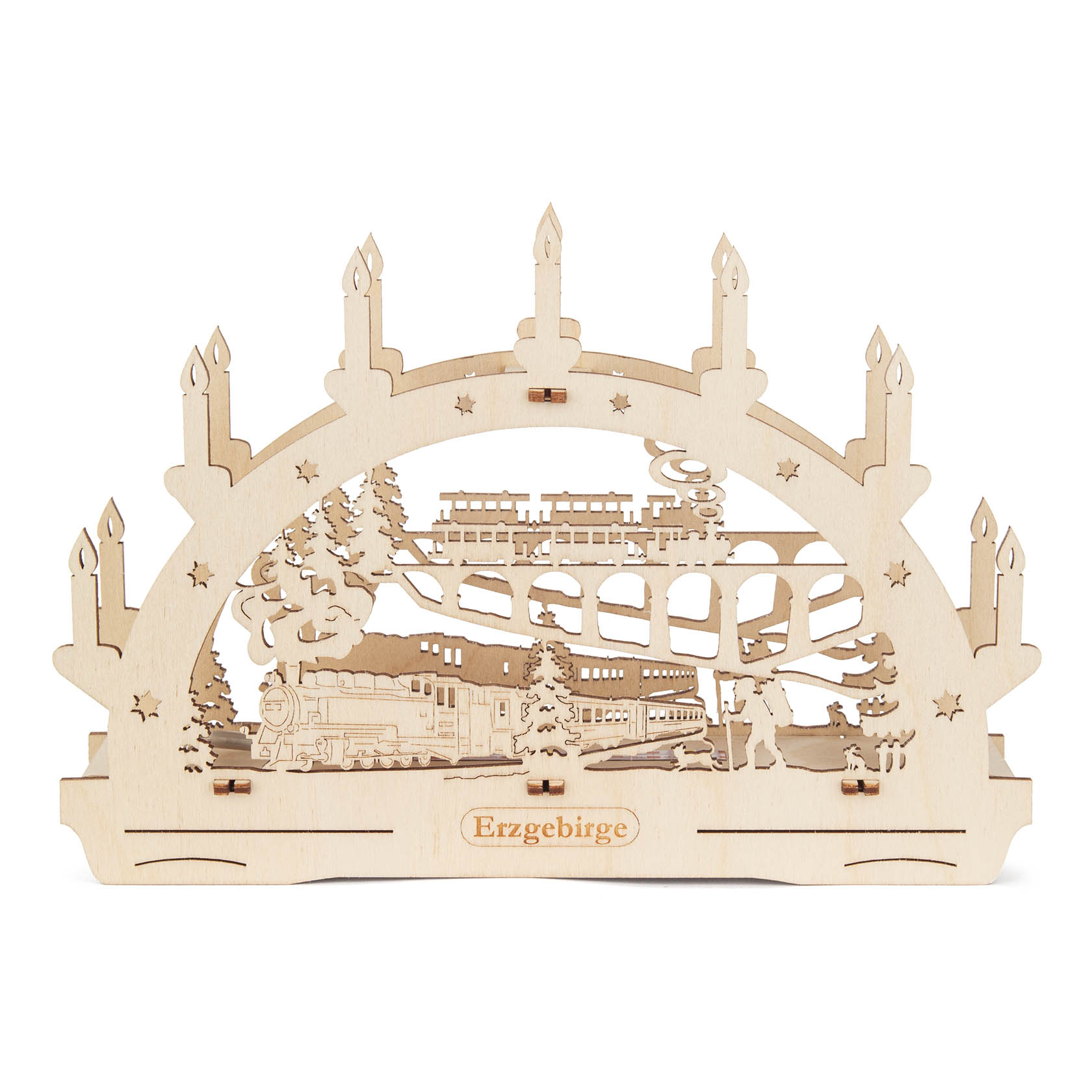 Holz-Schibbogen mit Eisenbahn-Motiv, sieben Kerzen und LED-Beleuchtung. Im Zentrum eine Dampflok mit Waggons vor einer verschneiten Landschaft. im Dregeno Online Shop günstig kaufen