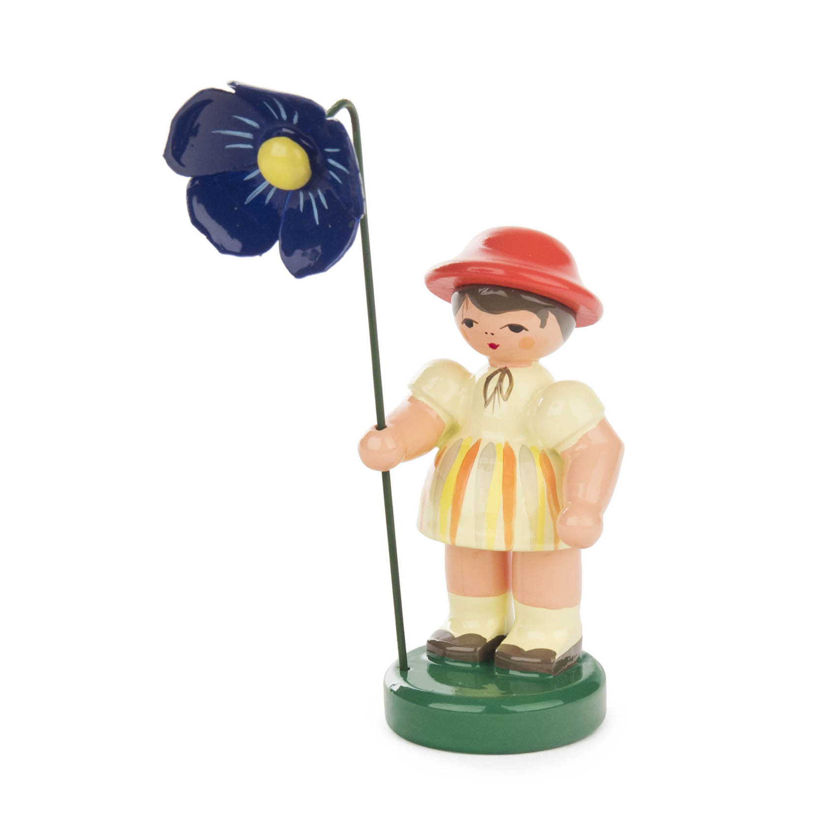 Holzfigur eines Mädchens mit orangefarbenem Hut und gelb gestreiftem Kleid, das eine große blaue Blume mit gelbem Zentrum hält. im Dregeno Online Shop günstig kaufen