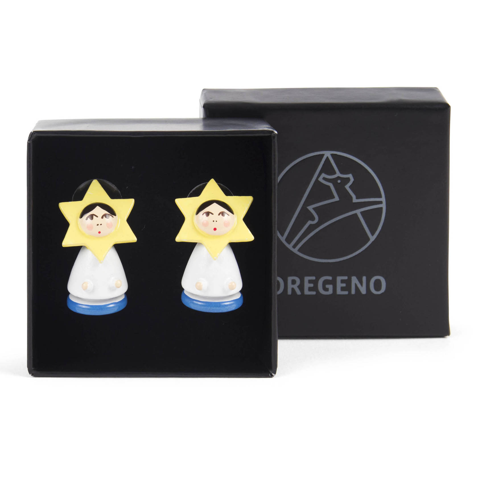 A pair of 'Sterntaler' earrings featuring star-shaped figures with human faces, housed in a black jewelry box.