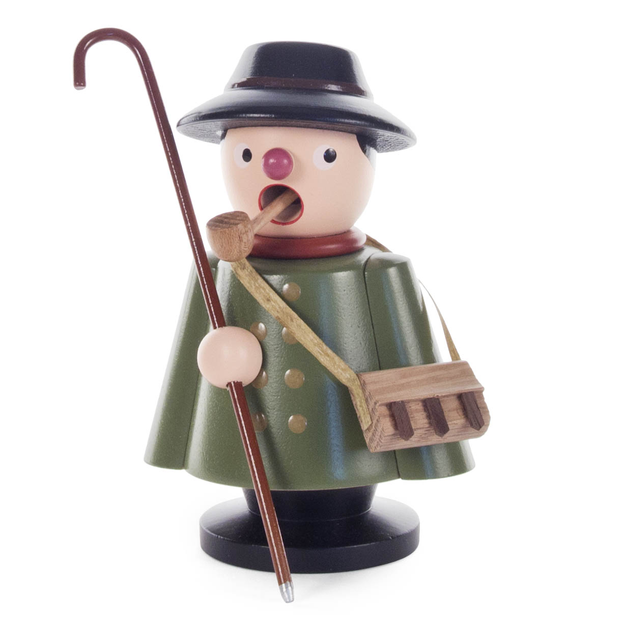Holzfigur Räuchermann in Schäferuniform mit grünem Umhang, Hut, Pfeife, Stock und Umhängetasche. im Dregeno Online Shop günstig kaufen