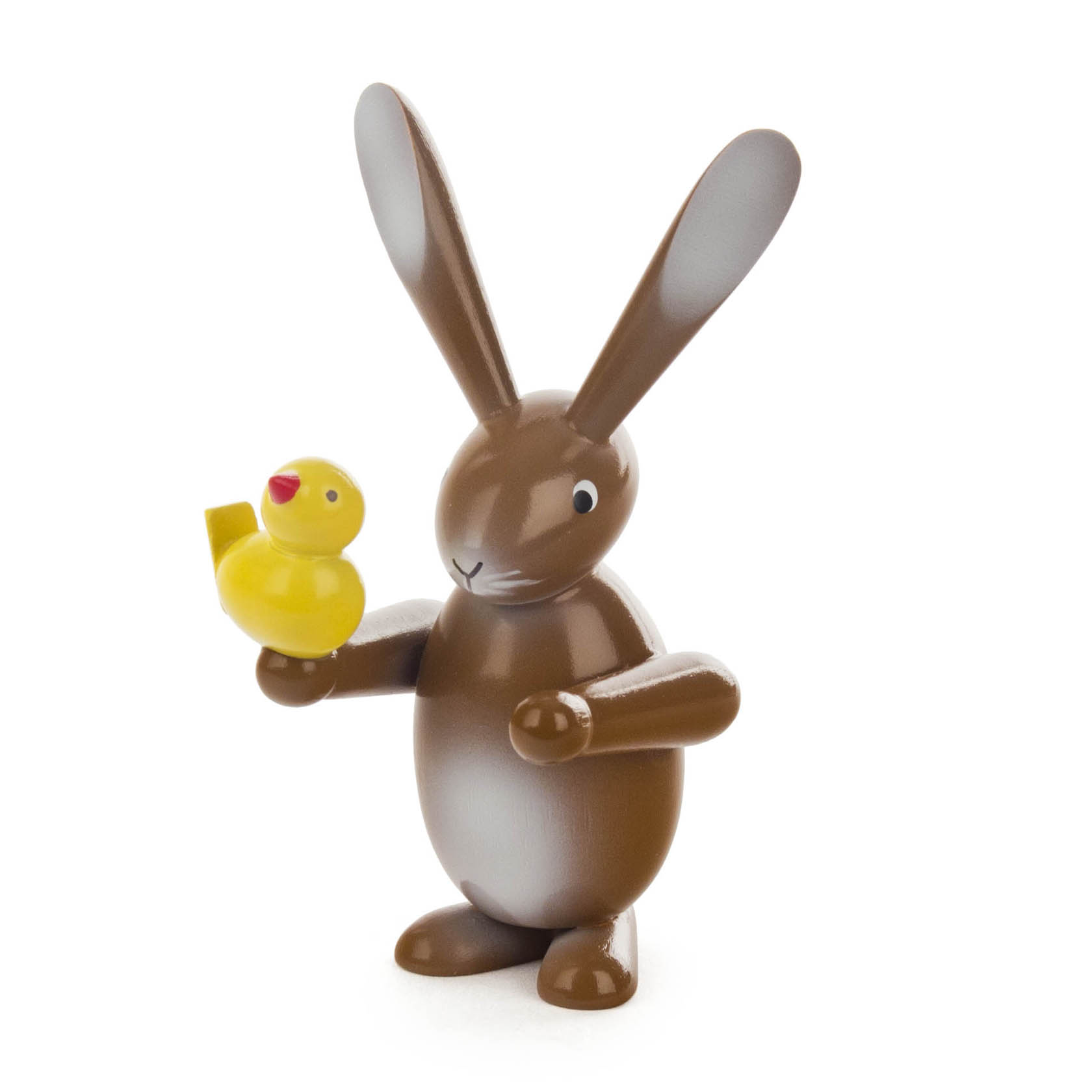 Braune, lächelnde Hasenfigur hält einen gelben Vogel in der linken Hand. im Dregeno Online Shop günstig kaufen