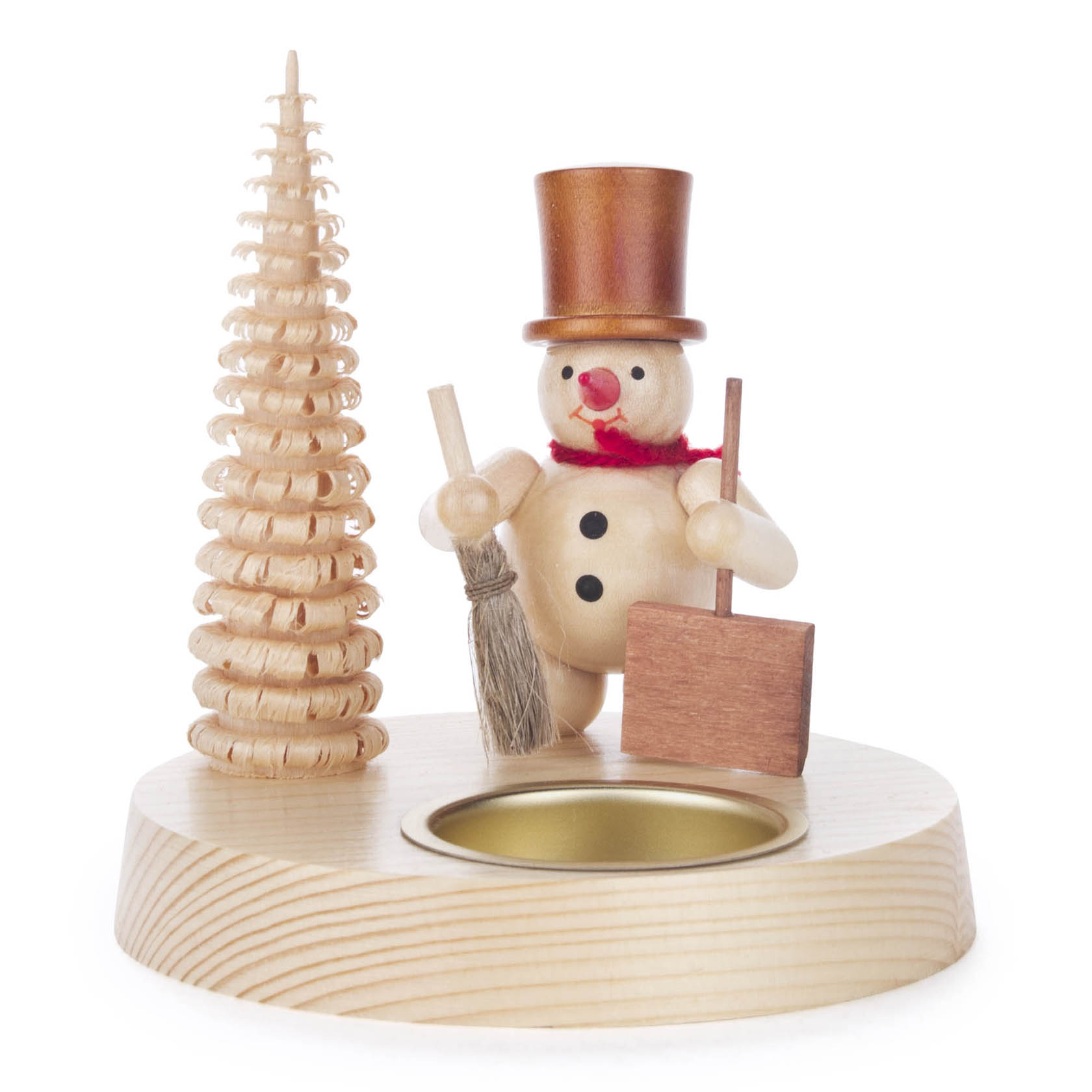 Holz-Teelichthalter mit Schneemann, der eine Schippe und einen Besen hält, neben einem Spiralenbaum aus Holz. im Dregeno Online Shop günstig kaufen