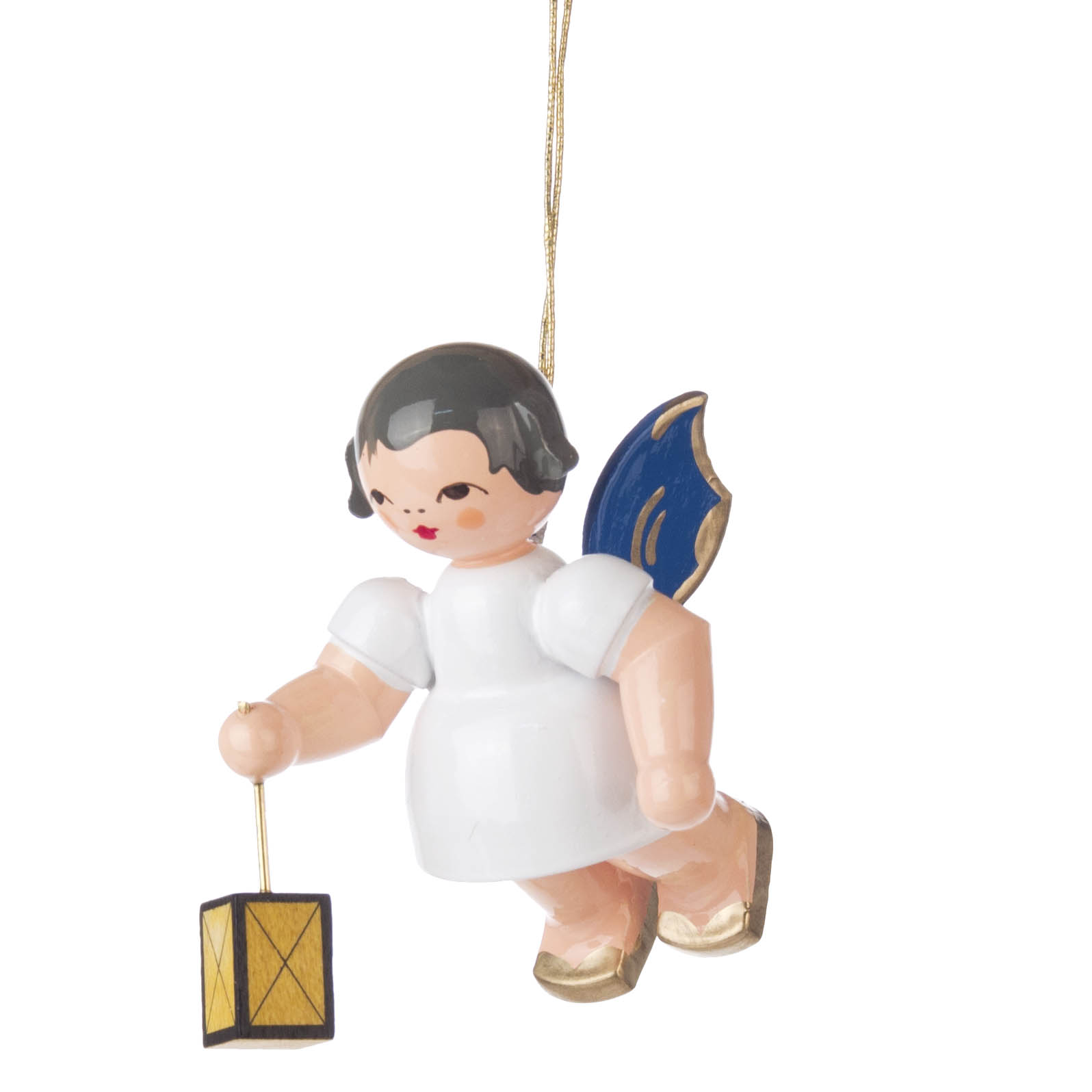 Hängende Figur eines Engels mit blauen Flügeln, der eine Laterne in der rechten Hand hält. Der Engel trägt ein weißes Kleid und goldene Schuhe. im Dregeno Online Shop günstig kaufen