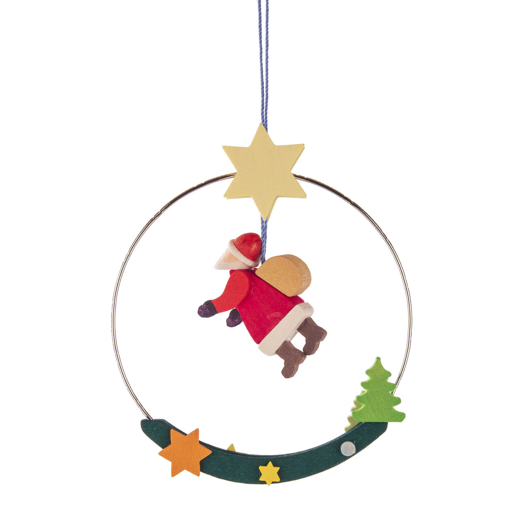 Weihnachtsmann-Dekoration, die in einem Ring aus Metall hängt, mit einem kleinen Weihnachtsbaum und einem Stern verziert. im Dregeno Online Shop günstig kaufen