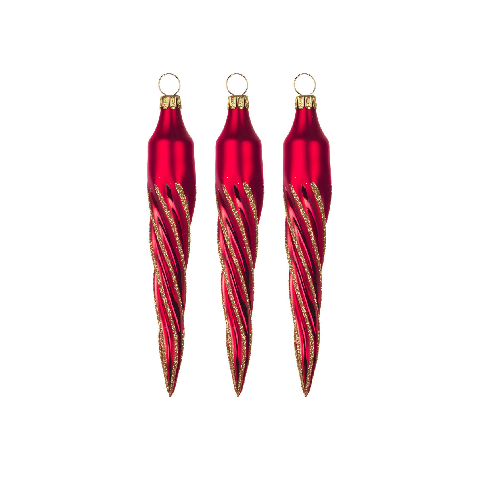 Drei rot-matte Eiszapfen-Christbaumkugeln mit goldenen Glitzerstreifen, jeweils 13 cm lang, mit goldenen Aufhängerösen. im Dregeno Online Shop günstig kaufen