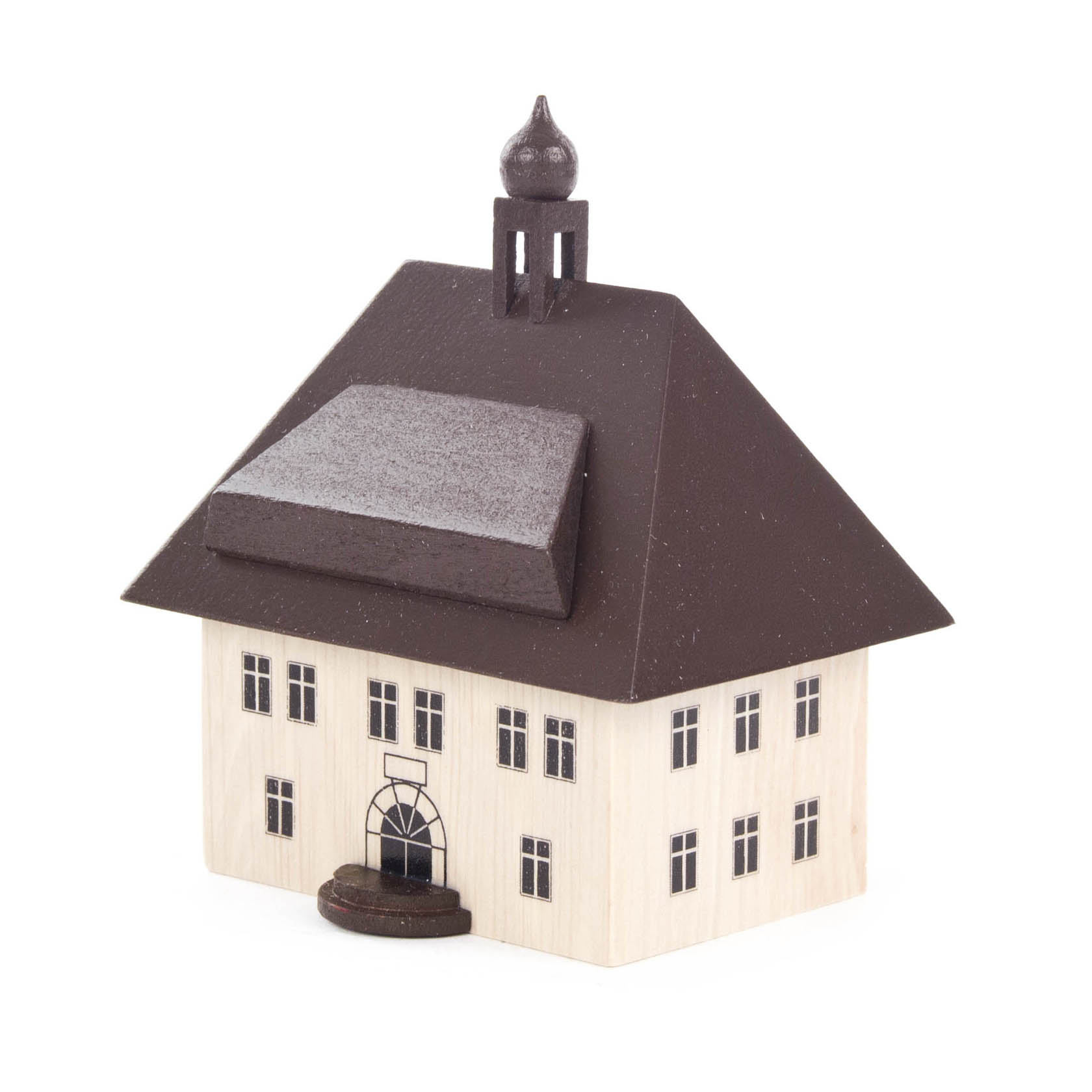 Holzmodell des Seiffener Rathauses mit braunem Satteldach, kleinen Fenstern und einem Turm mit Kuppel. im Dregeno Online Shop günstig kaufen