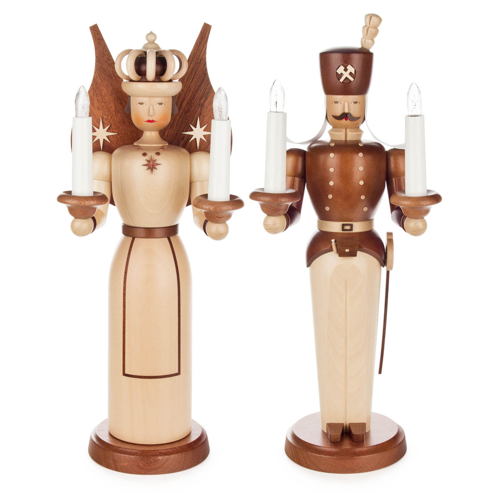 Holzfiguren Engel und Bergmann, beide 40 cm hoch, naturfarben, mit elektrischer Beleuchtung durch Kerzen, Engel mit Krone, Bergmann mit Helm. im Dregeno Online Shop günstig kaufen