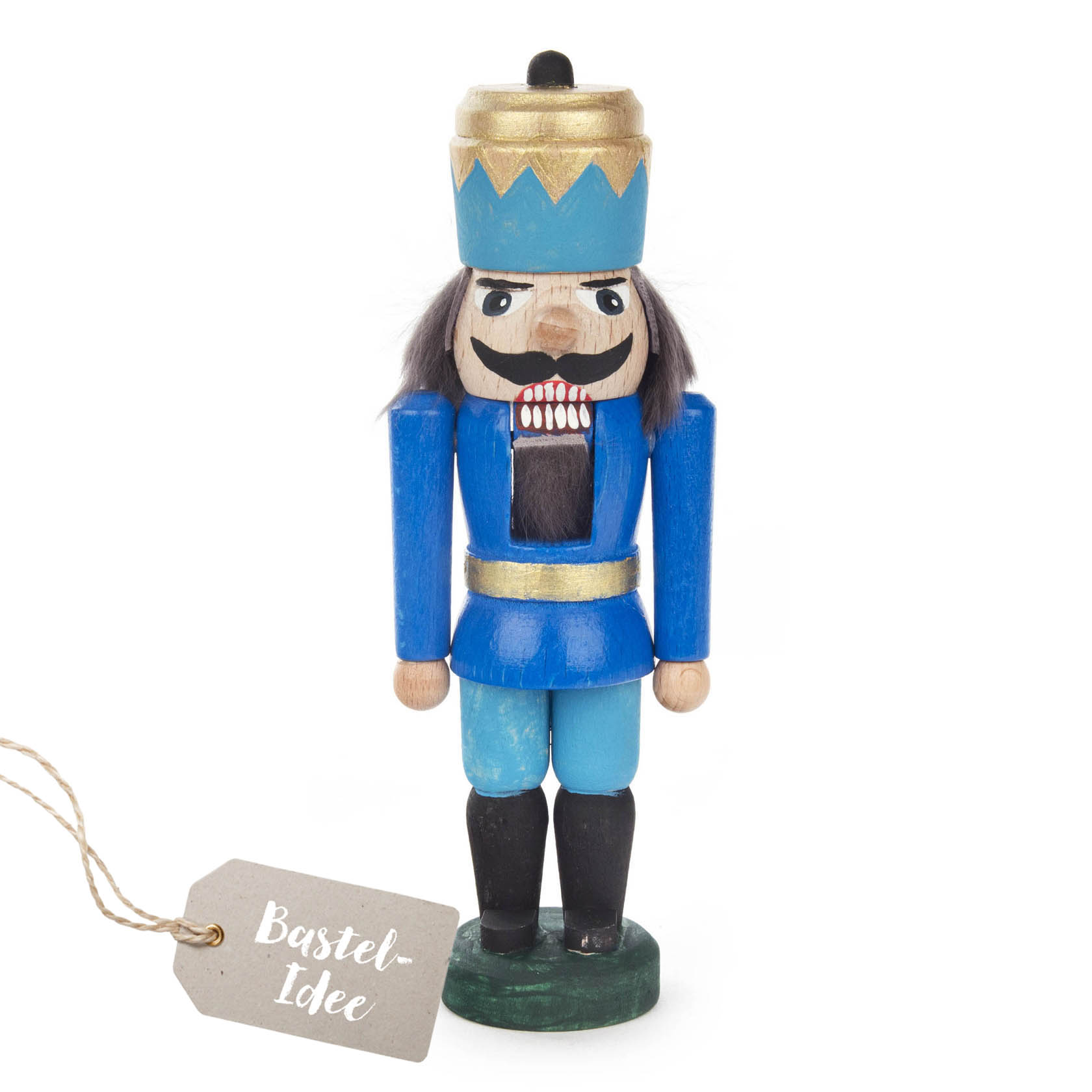 Ein Nussknacker in blauer Uniform mit goldenen Details und schwarzem Bart und Haaren, trägt eine goldene Krone. im Dregeno Online Shop günstig kaufen