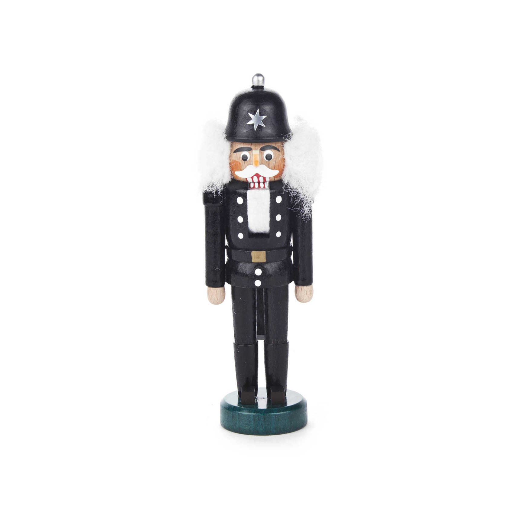 Schwarzer Nussknacker in Form eines Polizisten mit Helm, Bart und weißen Haaren, 13 cm groß. im Dregeno Online Shop günstig kaufen