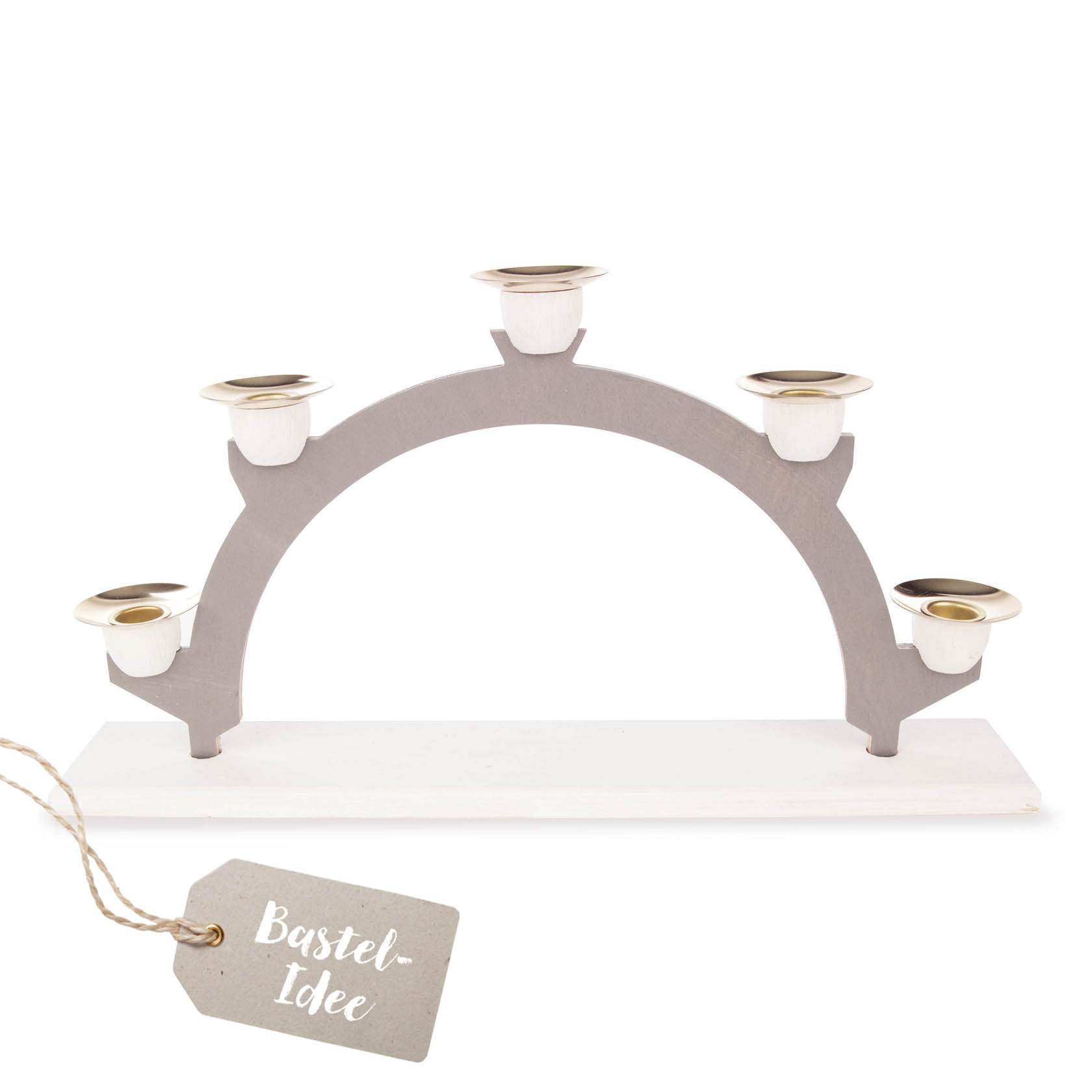 An unassembled candle arch kit approximately 30cm in size, featuring a wooden arch and base with five candle holders, designed for creating a traditional German Schwibbogen. im Dregeno Online Shop günstig kaufen