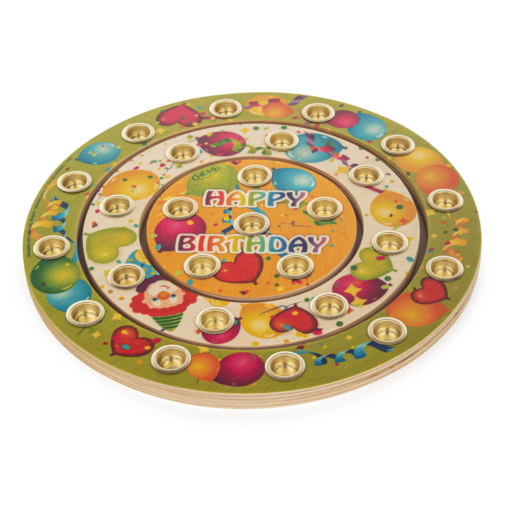 Colorful circular wooden birthday ring with 'Happy Birthday' text, featuring colorful balloons and 24 small candle holders. im Dregeno Online Shop günstig kaufen