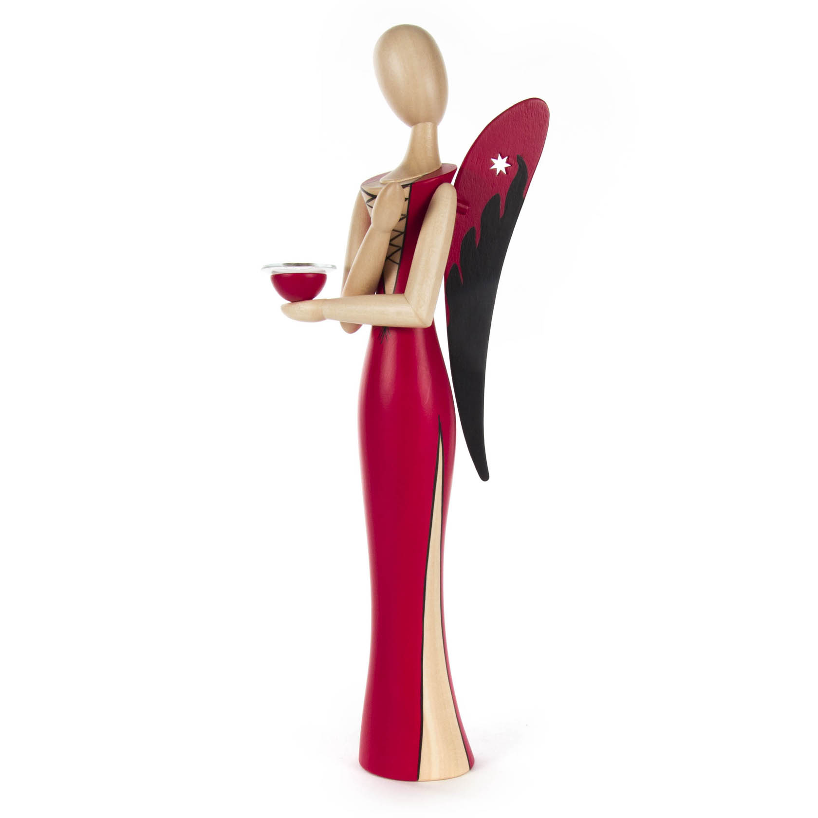 Holzfigur einer eleganten Engel-Figurine, rot gekleidet mit schwarzen Flügeln und einem Stern als Design. Hält einen Kerzenhalter in den Händen.