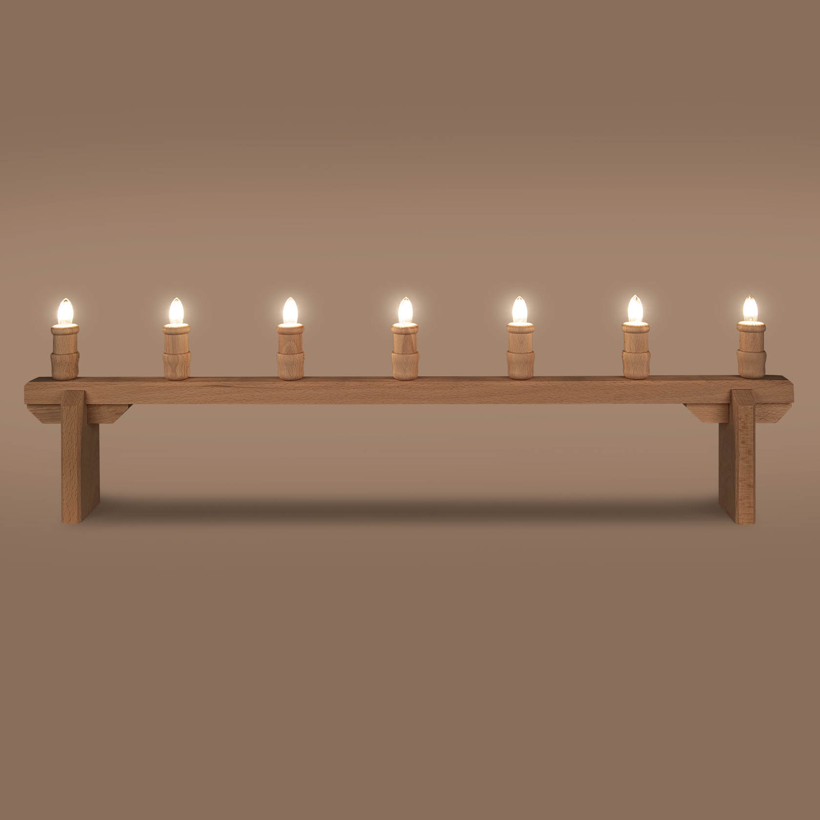 Holz-Lichterleiste mit sieben brennenden Kerzen in Riffeloptik, jede 34V/3W, auf einer rechteckigen Holzstruktur.