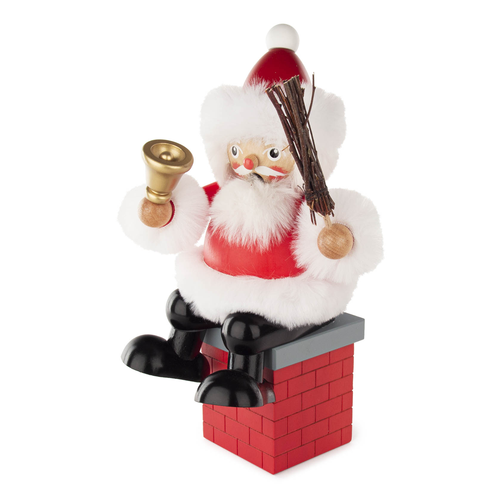 Ein Räuchermann in Form eines Weihnachtsmanns sitzt auf einem Schornstein. Er trägt einen roten Anzug mit weißem Fell, hält eine Glocke und Reisigbündel. im Dregeno Online Shop günstig kaufen