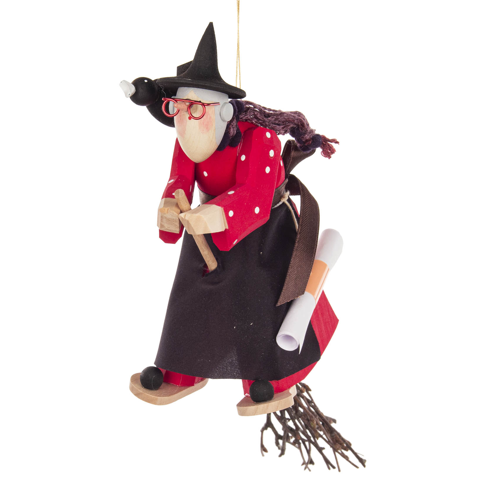 Holzfigur einer Hexe mit rotem Mantel und schwarzem Hut, die auf einem Besen mit Rabe sitzt, zum Aufhängen.