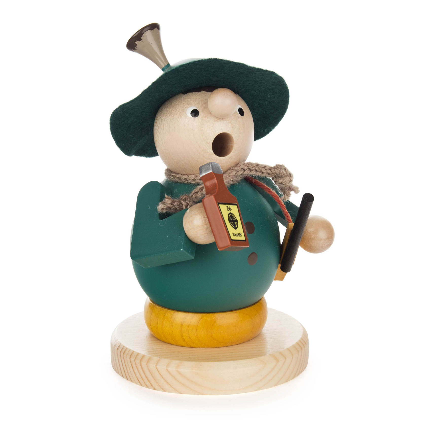A wooden smoker figurine depicting a forester named Hubert, holding a bottle labeled 'target water' and a pipe, wearing a green hat and coat.