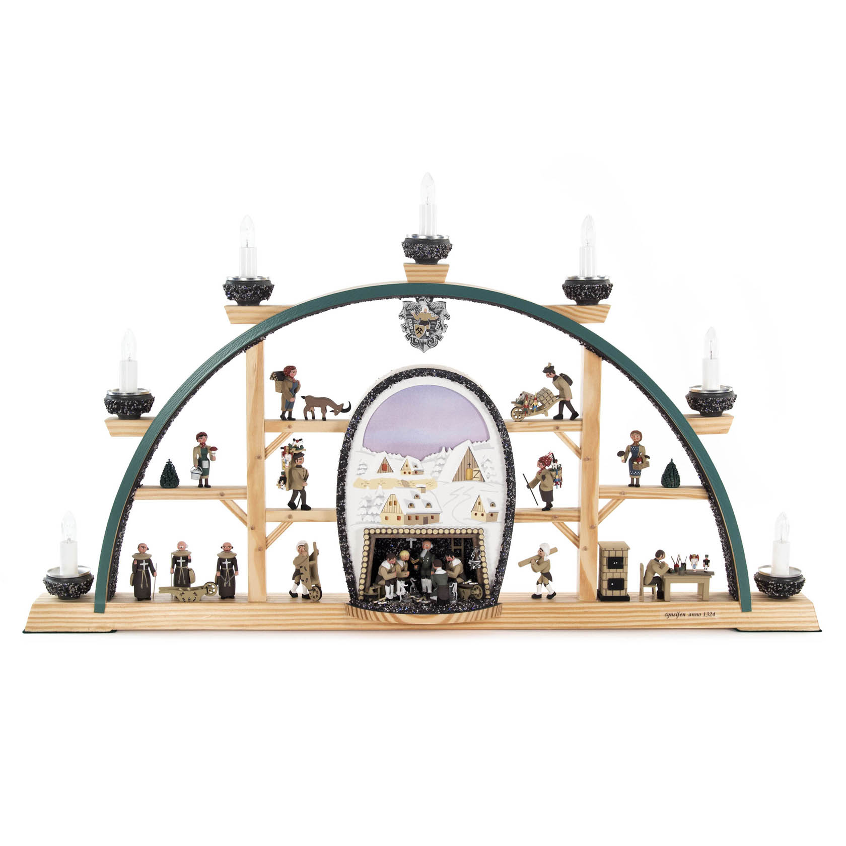 Schwibbogen mit Szenen aus einem Bergwerk, erzgebirgischen Figuren und elektrischer Beleuchtung im traditionellen Design. im Dregeno Online Shop günstig kaufen