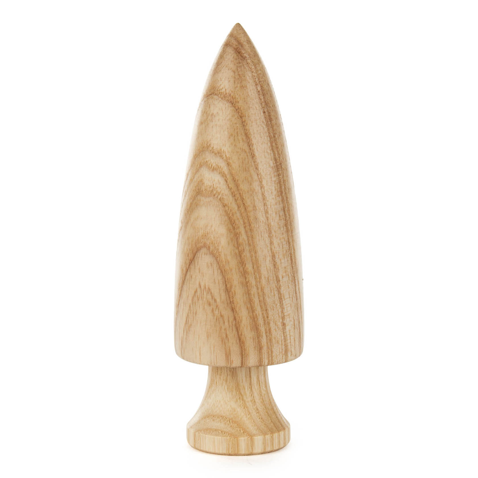 Ein hölzernes, naturbelassenes Dekorationsobjekt in Form eines Baumes mit einem glatten, konischen Körper und einem runden Sockel. im Dregeno Online Shop günstig kaufen
