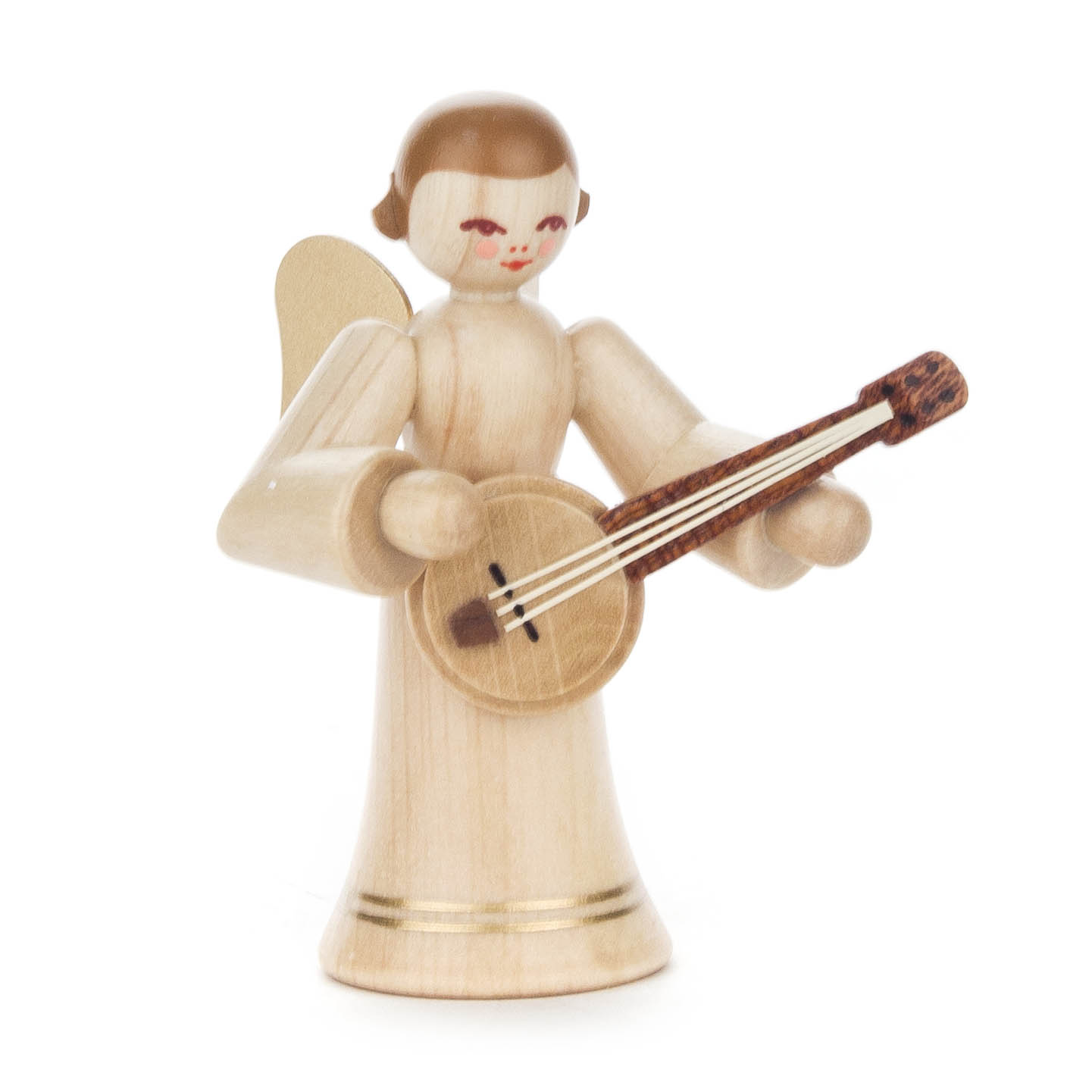 Holzengel mit goldenen Flügeln spielt ein Banjo. Der Engel hat rote Wangen, braune Haare und trägt einen langen naturfarbenen Rock. im Dregeno Online Shop günstig kaufen