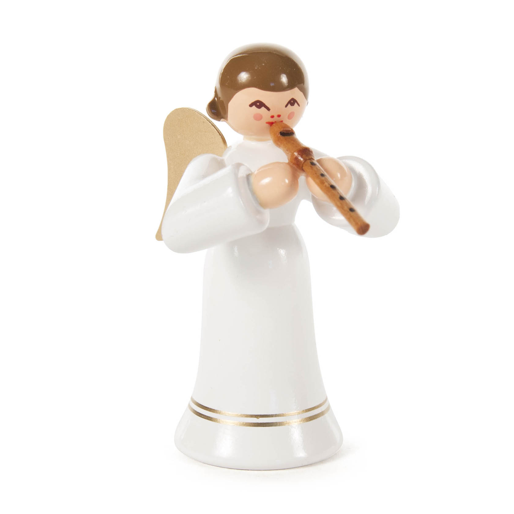 Engel-Figur mit beigem Körper, langen weißen Ärmel, rot-weißer Flöte, goldenem Heiligenschein und Flügeln, sowie rotem Mund und Wangen. im Dregeno Online Shop günstig kaufen