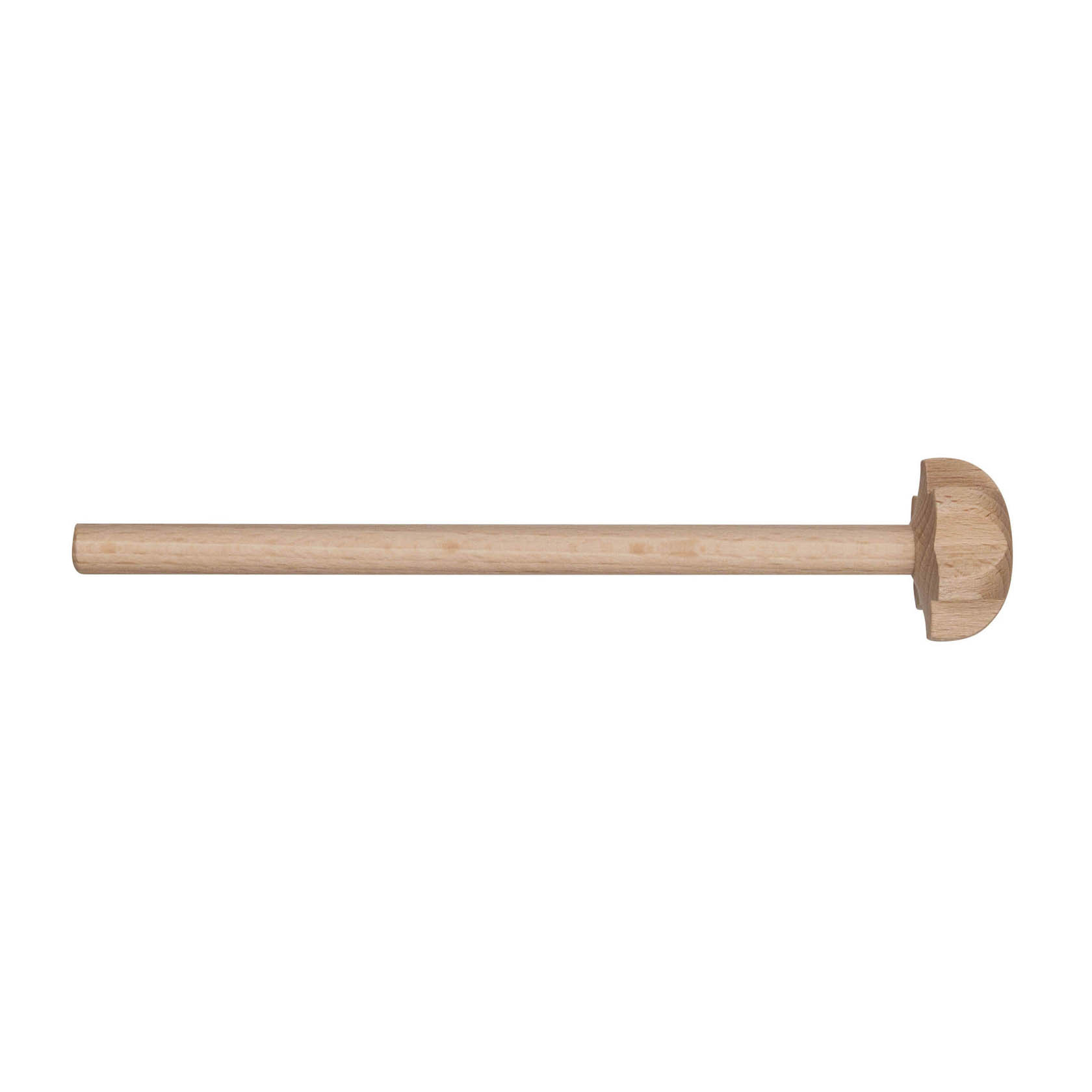 Ein hölzerner Quirl mit einem langen Stiel und einem flachen, halbrunden Kopf, geeignet zum Rühren in Töpfen. im Dregeno Online Shop günstig kaufen