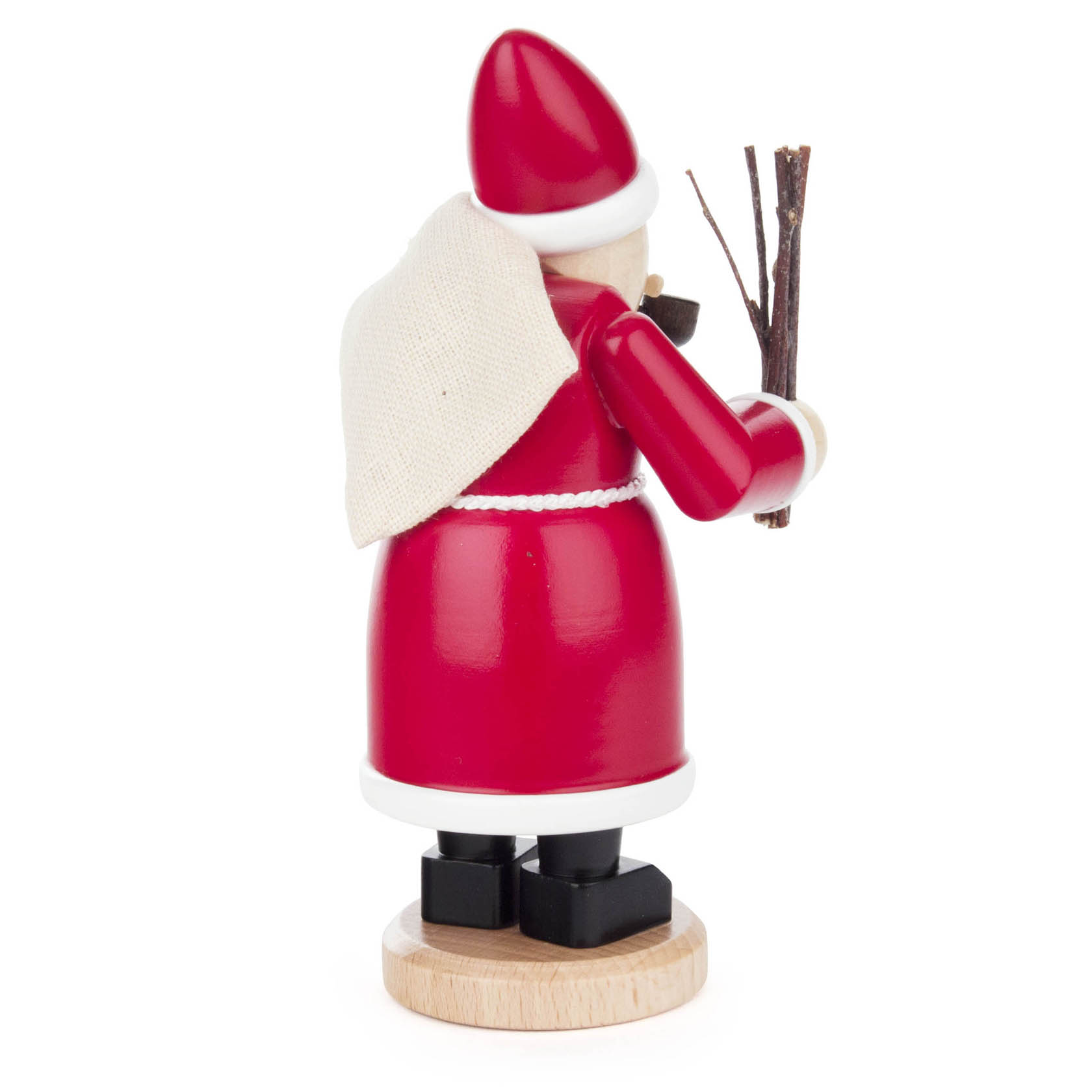 Ein Mini-Räuchermann in Form eines Weihnachtsmanns, der eine rote Jacke und Mütze trägt, mit einem weißen Sack über der Schulter und Zweigen in der Hand.