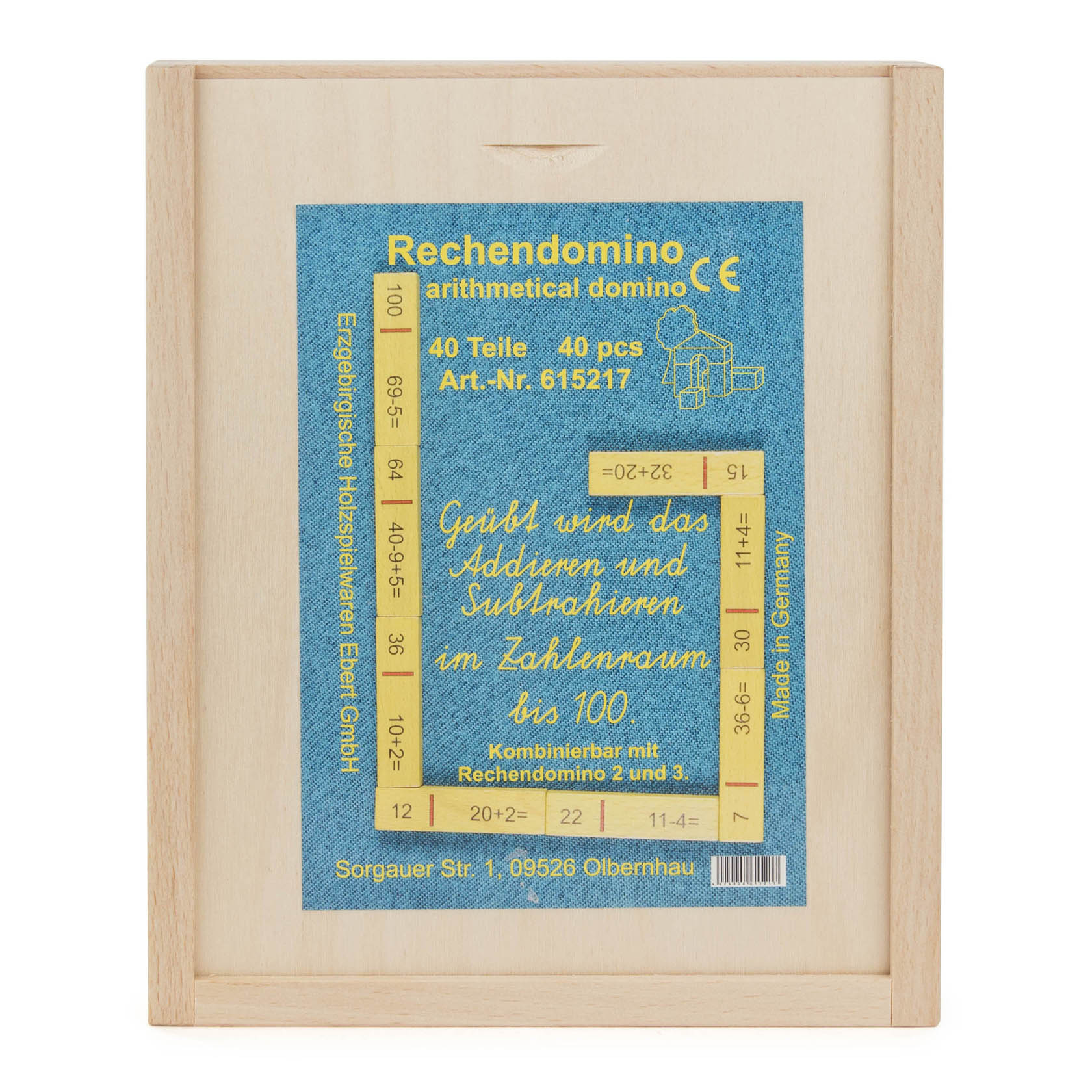 Holzkasten mit Rechendomino-Spiel, 40 Teile zur Addition und Subtraktion bis 100. Blaue Etikette mit Spielbeschreibung auf dem Deckel. im Dregeno Online Shop günstig kaufen