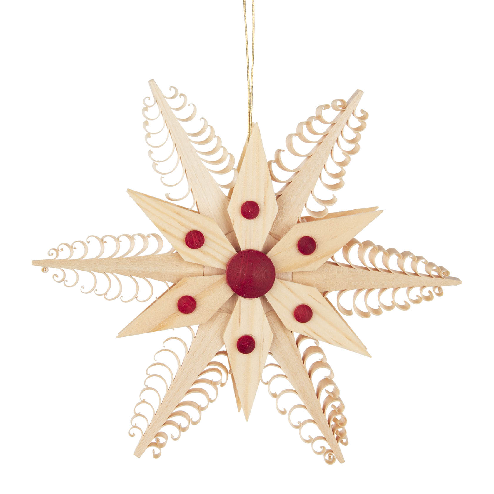 Ein natürlicher Spanstern aus Holz mit symmetrisch angeordneten roten Punkten und Spiralen, die von den Spitzen ausgehen. im Dregeno Online Shop günstig kaufen