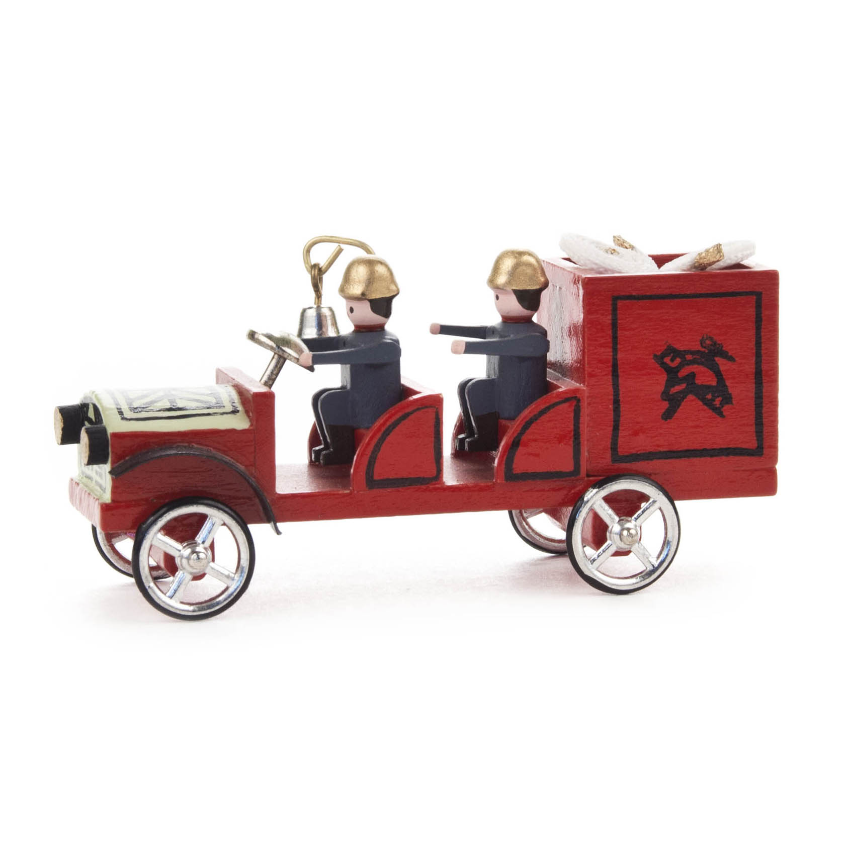 Ein kleines Modell eines roten Feuerwehr-Gerätewagens mit zwei Figuren in Uniformen und Helmen. Das Modell zeigt Details wie Räder und eine Leiter. im Dregeno Online Shop günstig kaufen