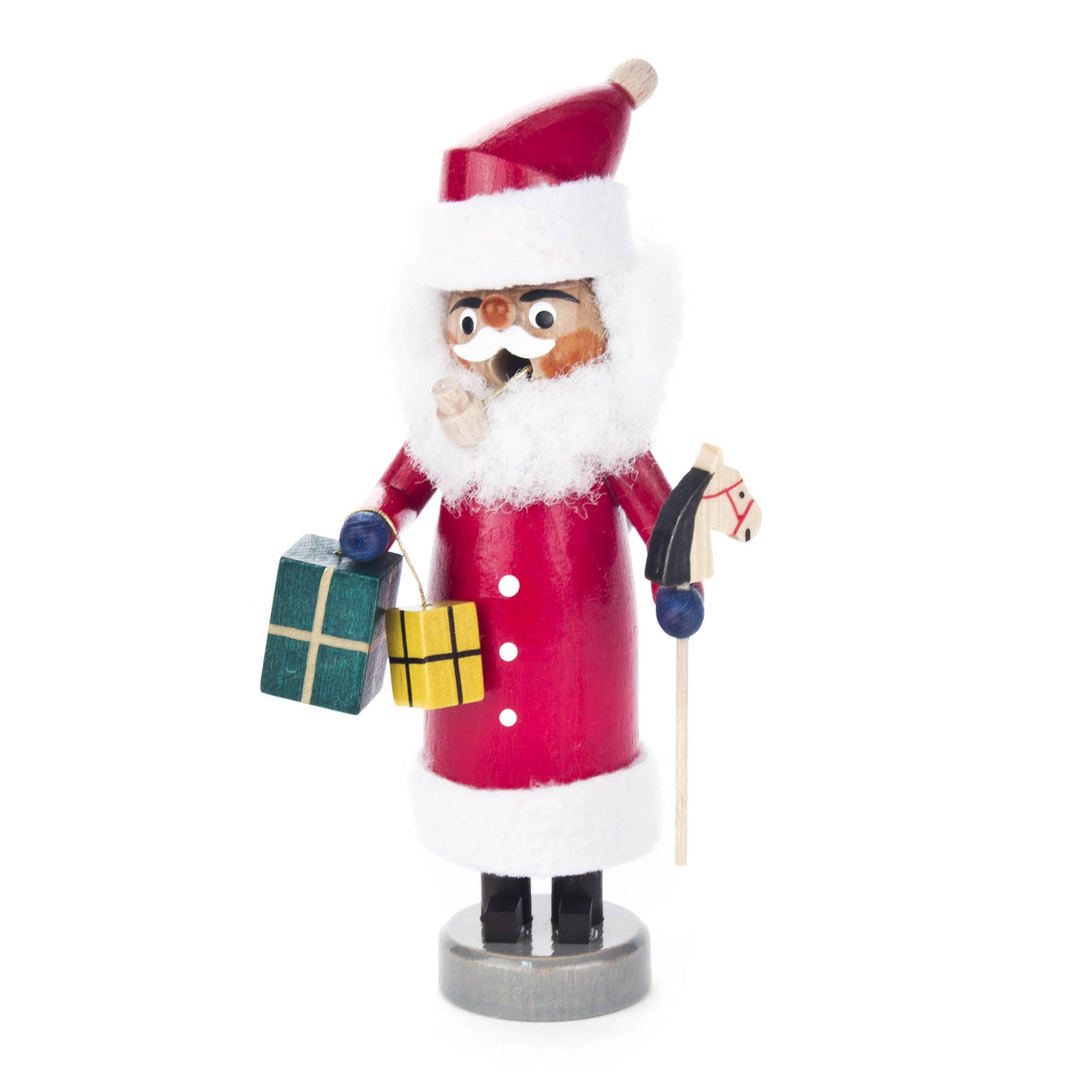 Holzfigur eines Räuchermanns in Form eines Weihnachtsmanns mit rotem Mantel, der ein Geschenk und ein Steckenpferd hält. im Dregeno Online Shop günstig kaufen