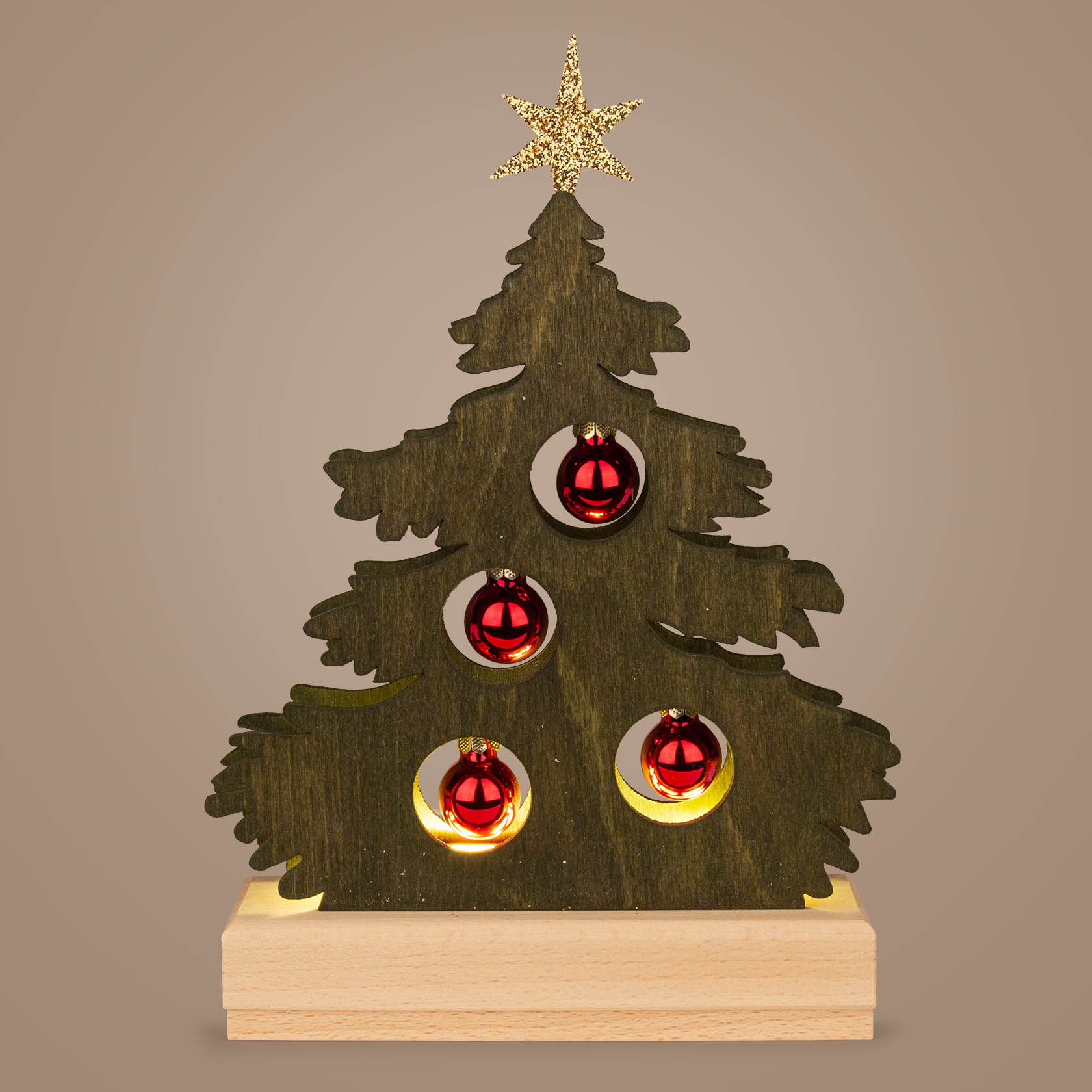 Grün gebeizte Mini-Tanne mit roten Kugeln und LED-Strip-Beleuchtung auf Holzbasis, USB-Anschluss.
