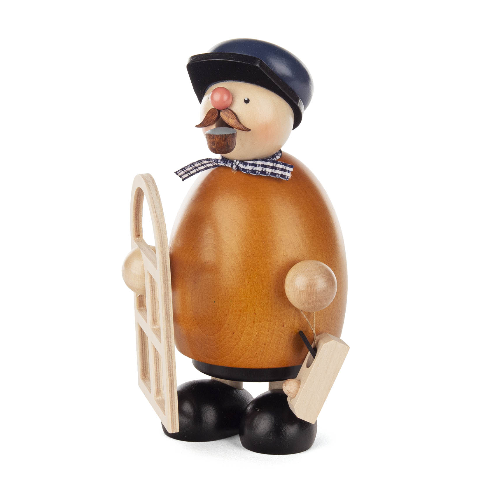 Wooden smoking figure of a carpenter with a mustache, wearing a blue cap, holding a window frame and a wood plane.