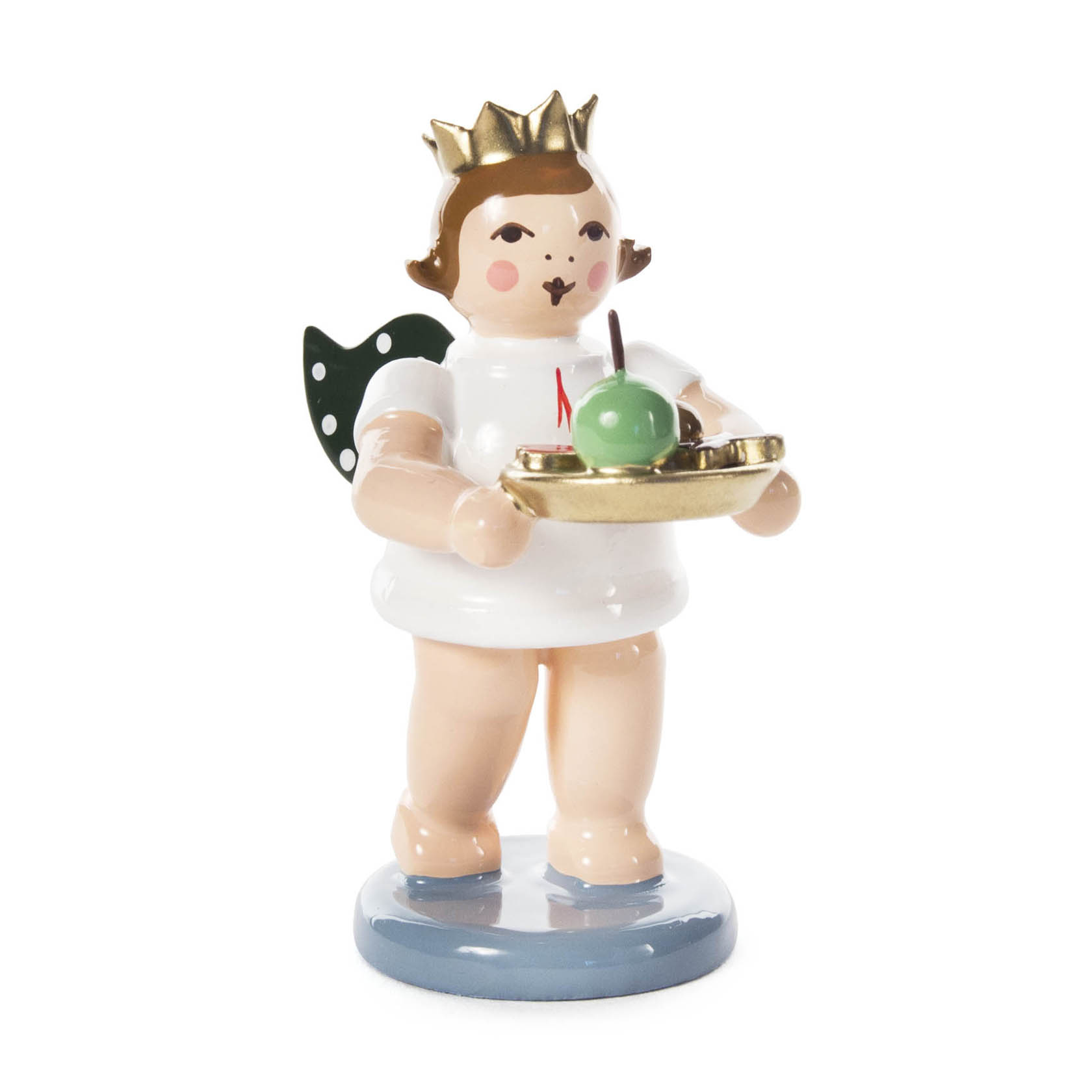 Ceramic angel figurine with a gold crown, green polka-dotted wings, holding a plate with a green apple-shaped decoration. im Dregeno Online Shop günstig kaufen