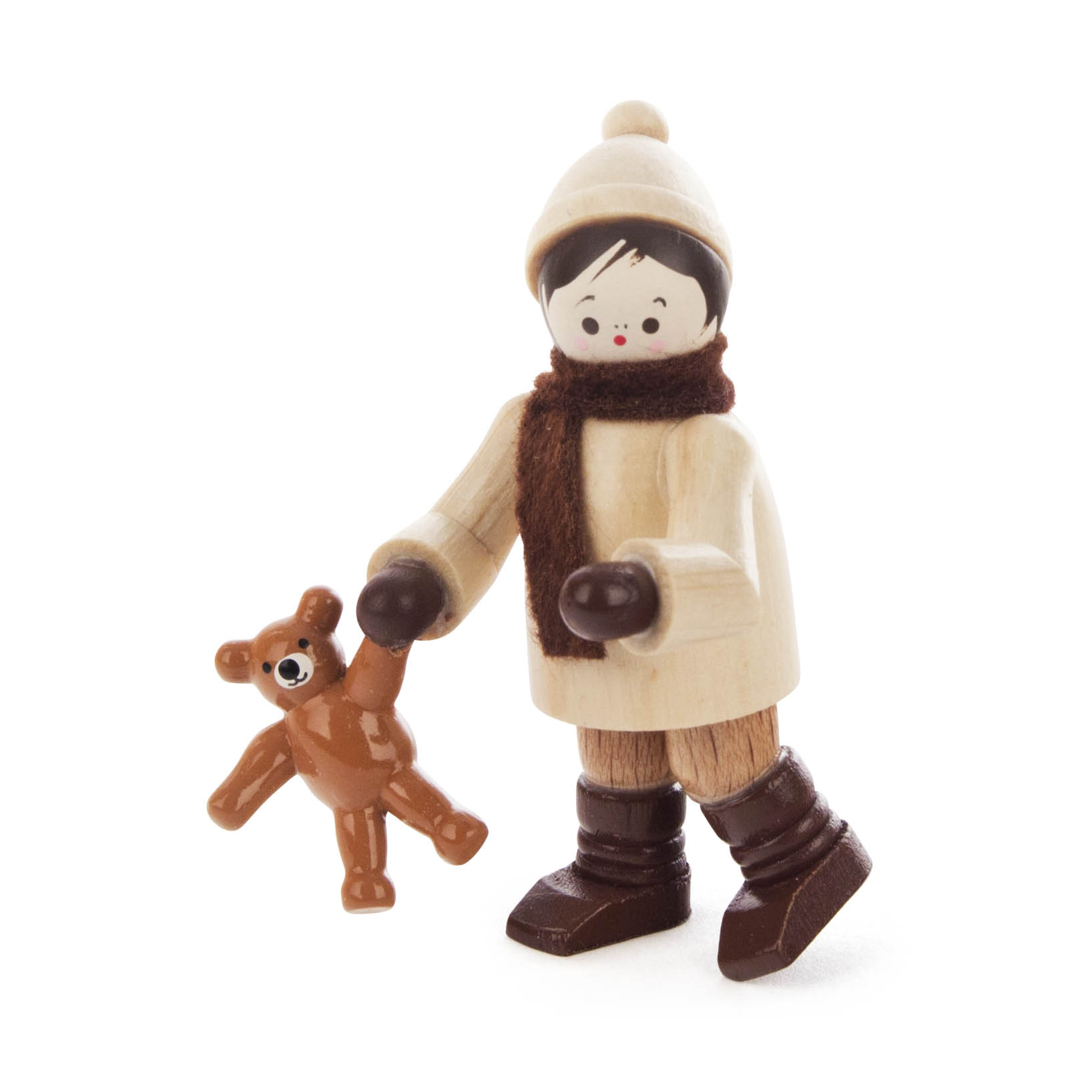 Holzfigur eines schneebekleideten Kindes mit Mütze und Schal, das in einer Hand einen kleinen Teddy hält. im Dregeno Online Shop günstig kaufen