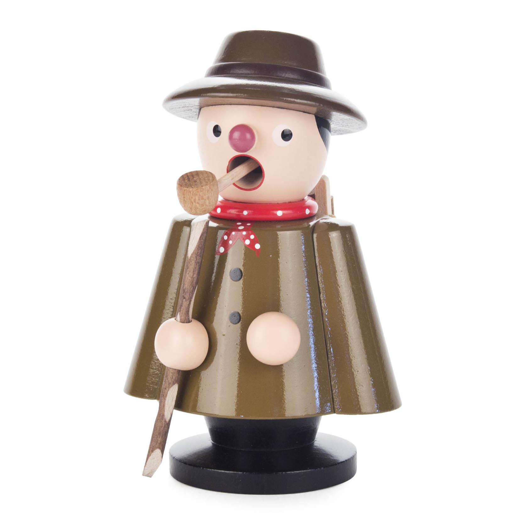 Holzfigur eines Räuchermannes in grünem Mantel und Hut, mit roter Nase und Pfeife im Mund. Der Räuchermann hat einen Stock in der rechten Hand. im Dregeno Online Shop günstig kaufen