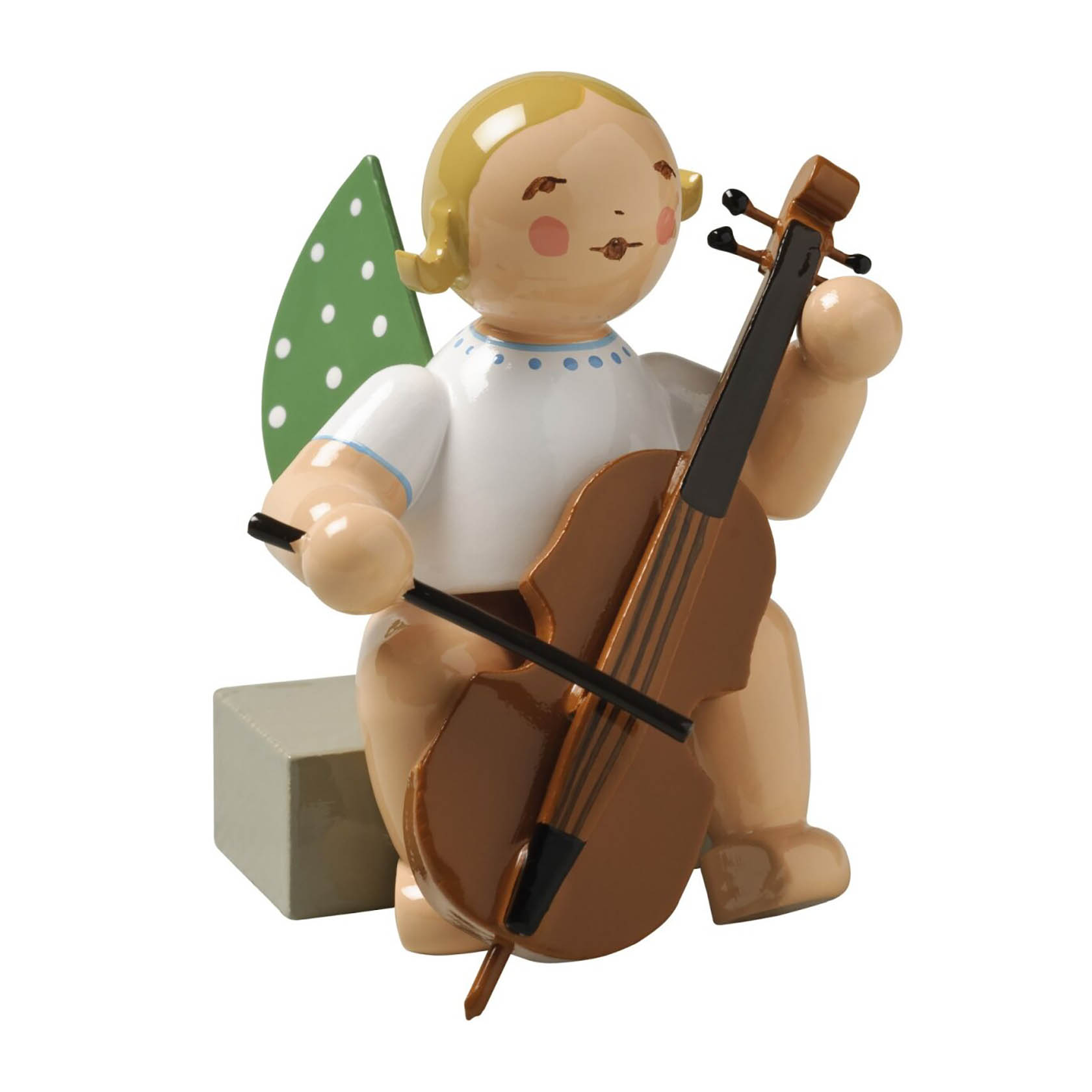 Figur eines Engels mit schwarzen Haaren und grünen Flügeln mit weißen Punkten, der ein Violoncello hält und darauf spielt. im Dregeno Online Shop günstig kaufen