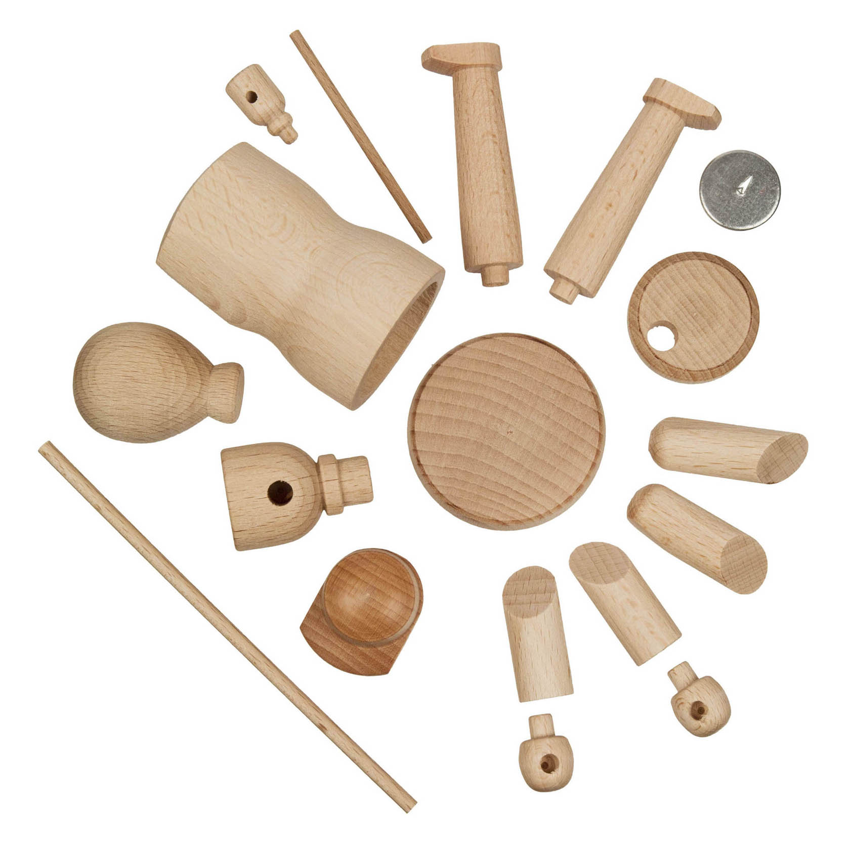Holzteile eines Bastelsets für einen Räuchermännchen Wandersmann, darunter Körper, Kopf, Arme und eine runde Basis, aus naturfarbenem Holz.